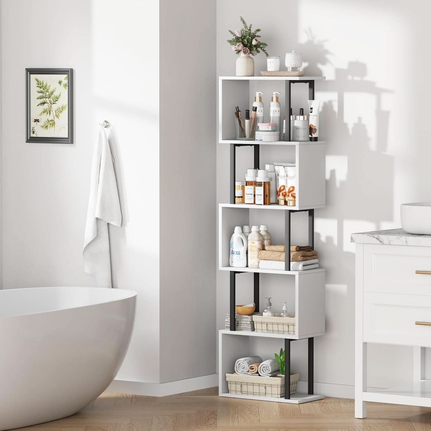 Five Tier Bookshelf White Bookcase Living Room Furniture