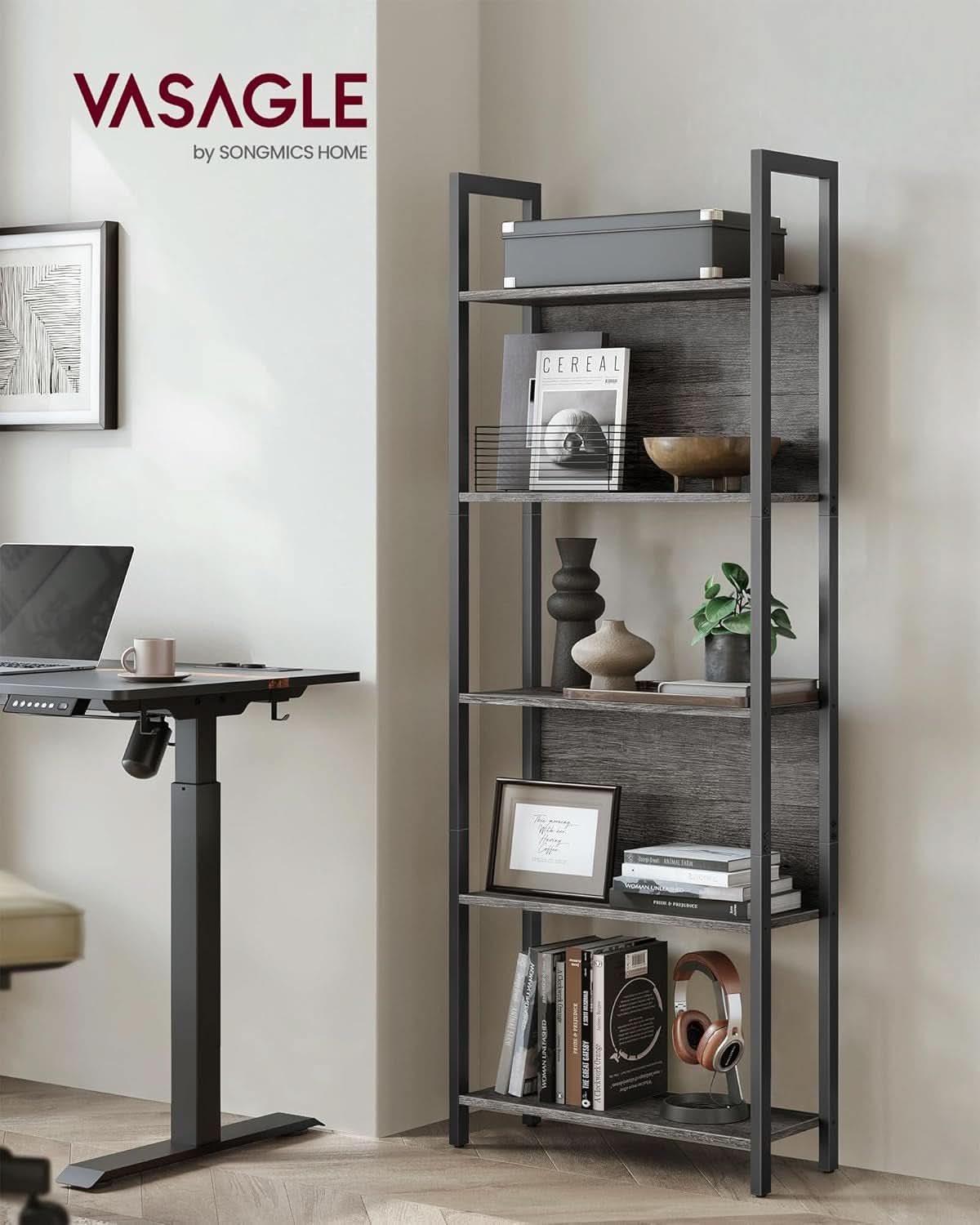 Five Tier Bookshelf With Steel Frame Charcoal Gray Black