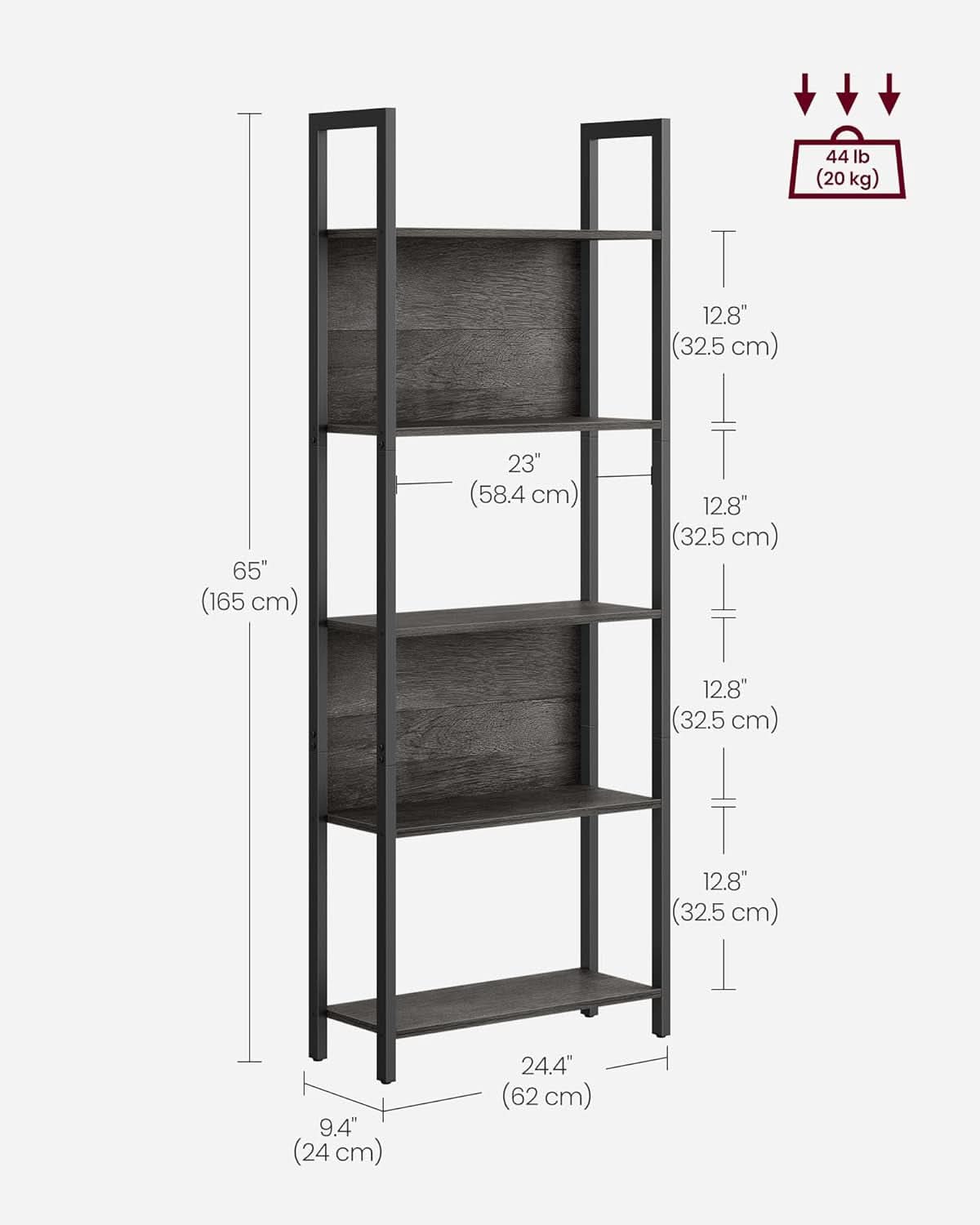 Five Tier Bookshelf With Steel Frame Charcoal Gray Black