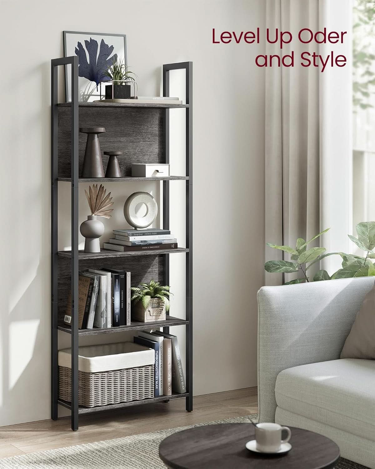 Five Tier Bookshelf With Steel Frame Charcoal Gray Black