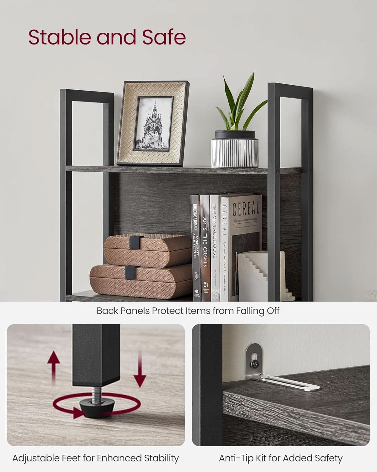 Five Tier Bookshelf With Steel Frame Charcoal Gray Black