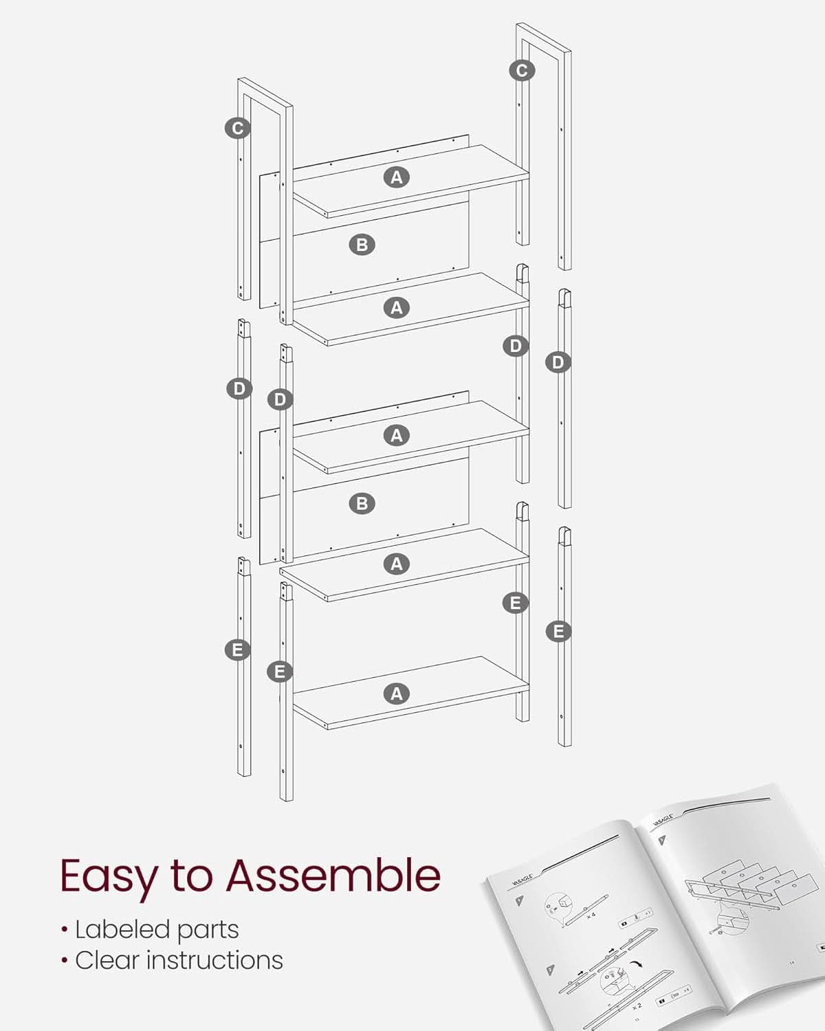Five Tier Bookshelf With Steel Frame Charcoal Gray Black