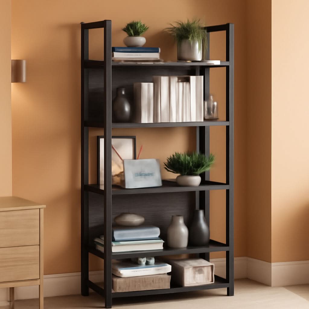Five Tier Bookshelf With Steel Frame Charcoal Gray Black