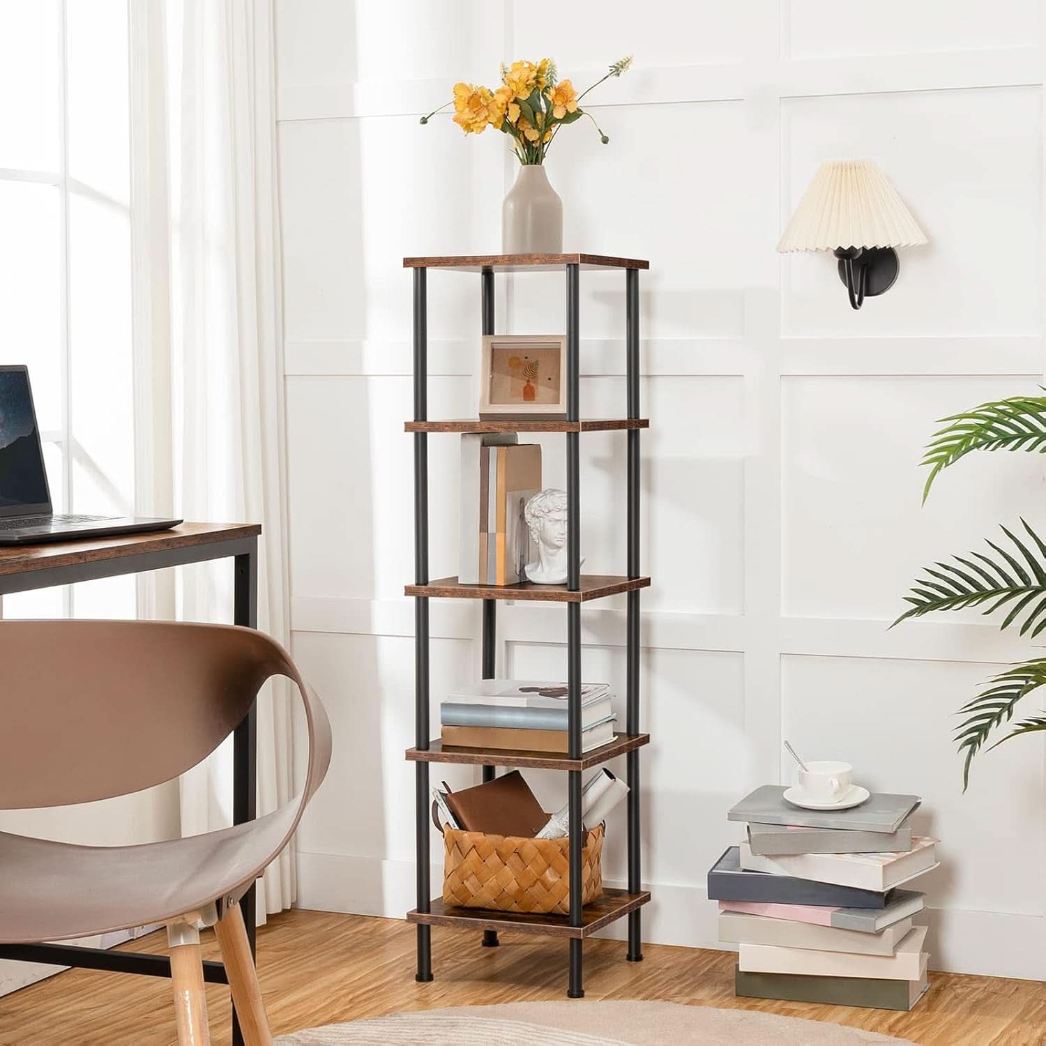 Five Tier Corner Shelf Stand Rustic Brown And Black Bookcase