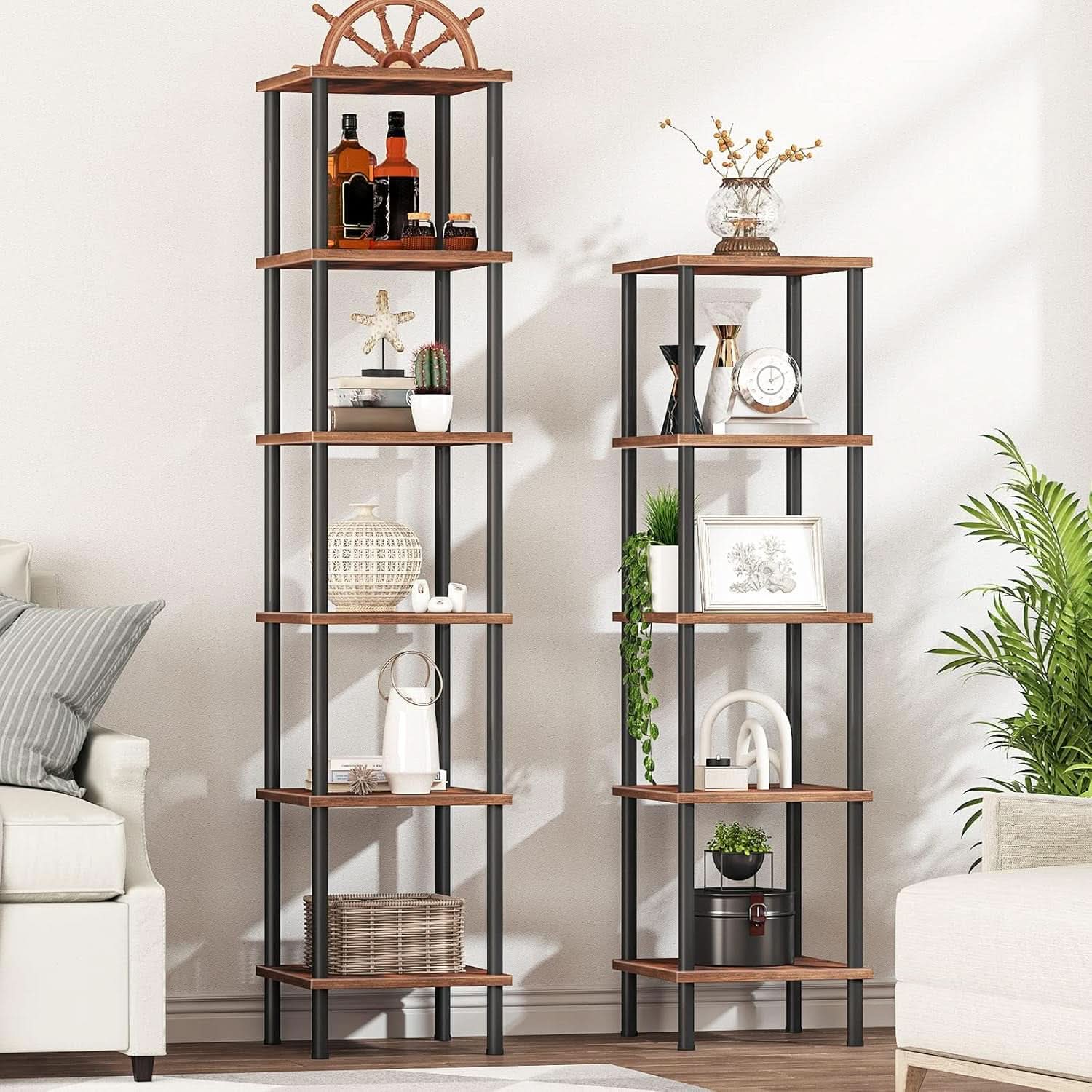 Five Tier Corner Shelf Stand Rustic Brown And Black Bookcase