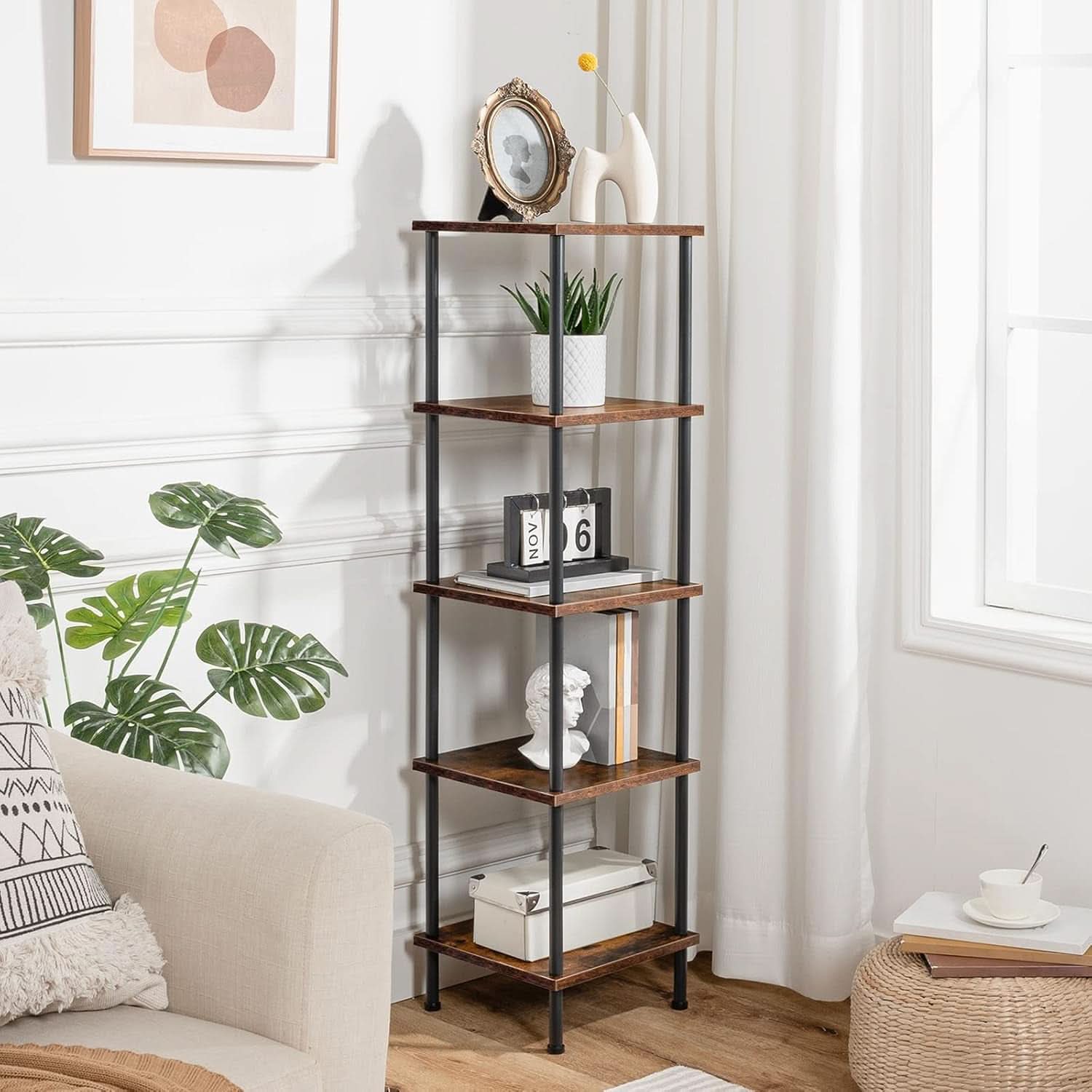 Five Tier Corner Shelf Stand Rustic Brown And Black Bookcase