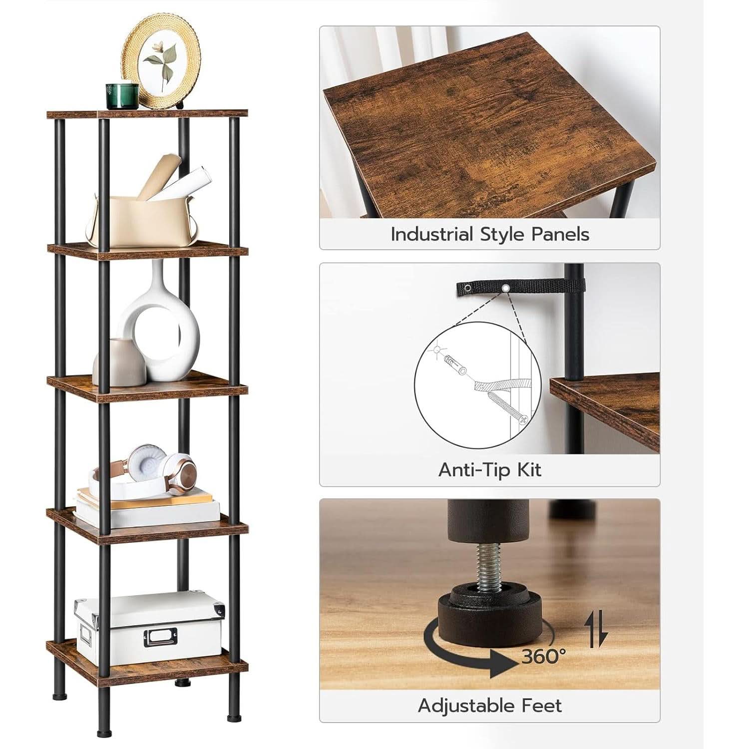 Five Tier Corner Shelf Stand Rustic Brown And Black Bookcase