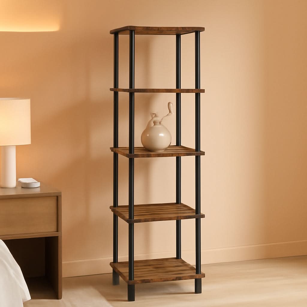 Five Tier Corner Shelf Stand Rustic Brown And Black Bookcase