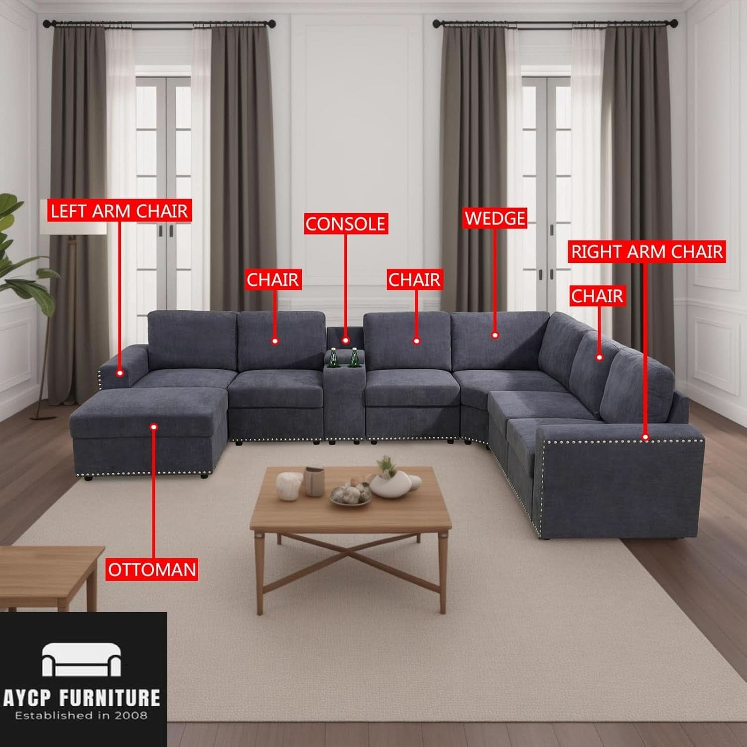 Flannel Modular Sectional Sofa With USB Ports Grey