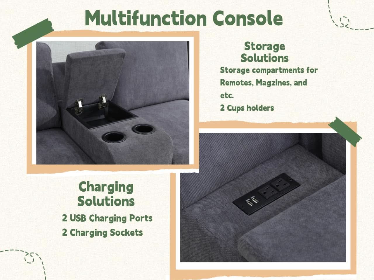 Flannel Modular Sectional Sofa With USB Ports Grey
