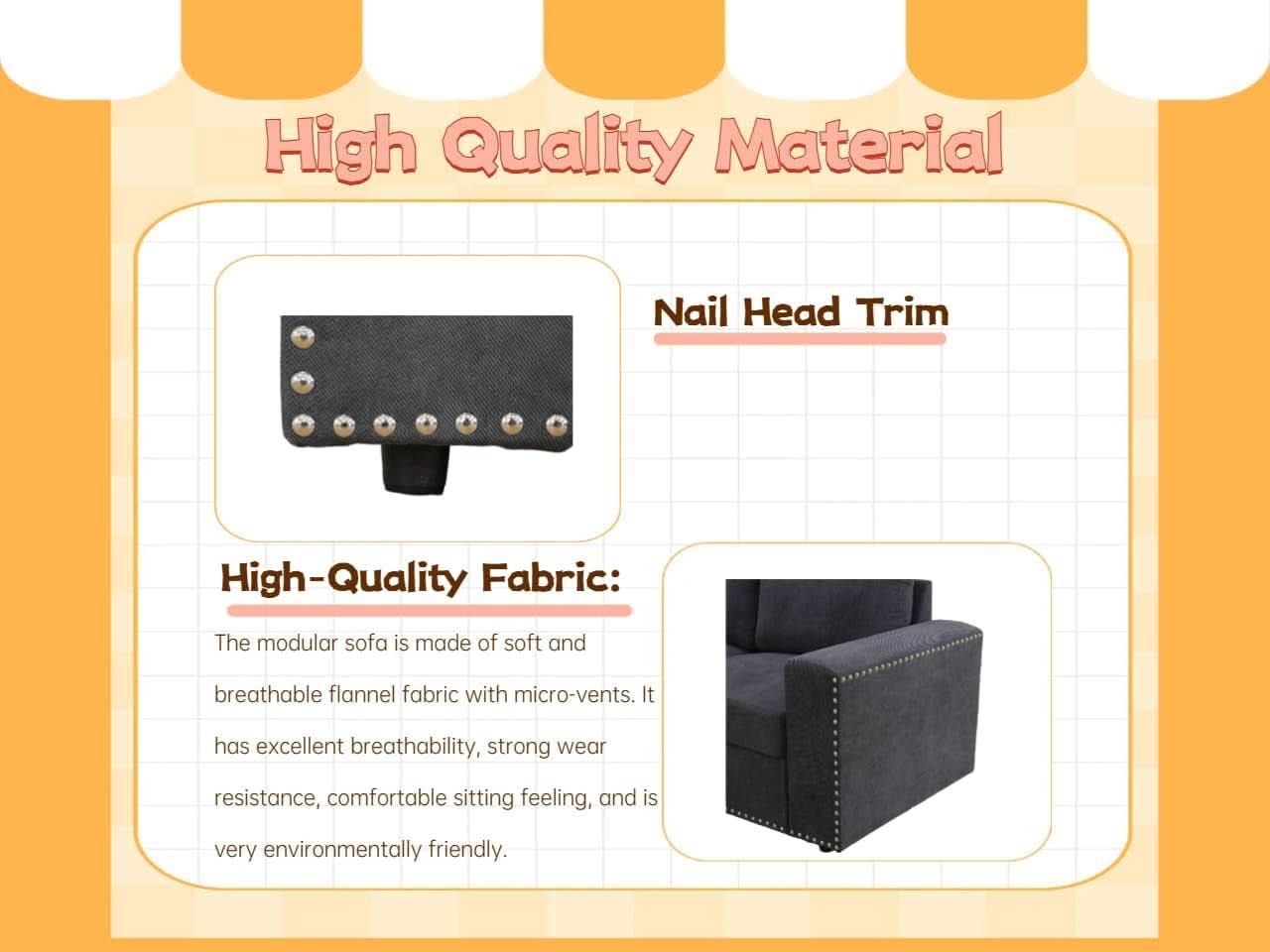 Flannel Modular Sectional Sofa With USB Ports Grey