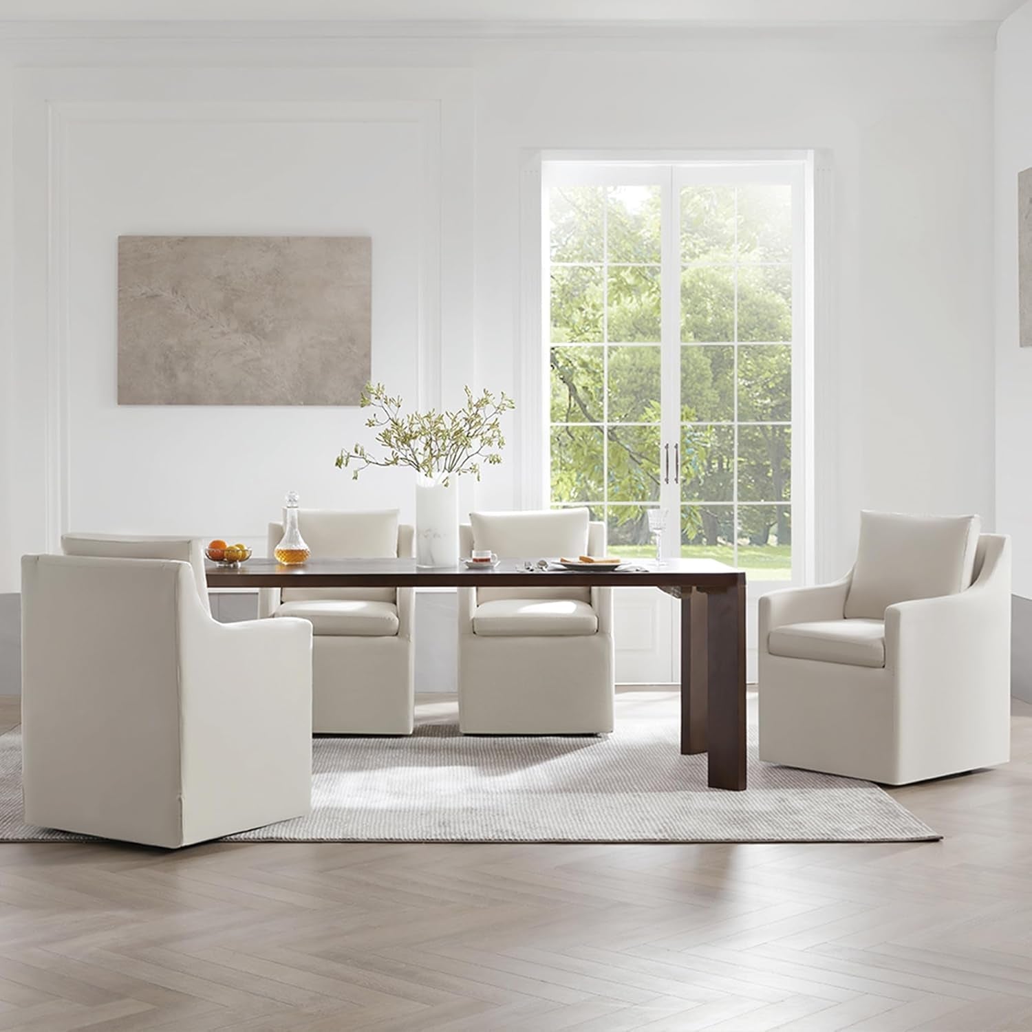 Flax Beige Upholstered Dining Chair With Casters Set Of 2