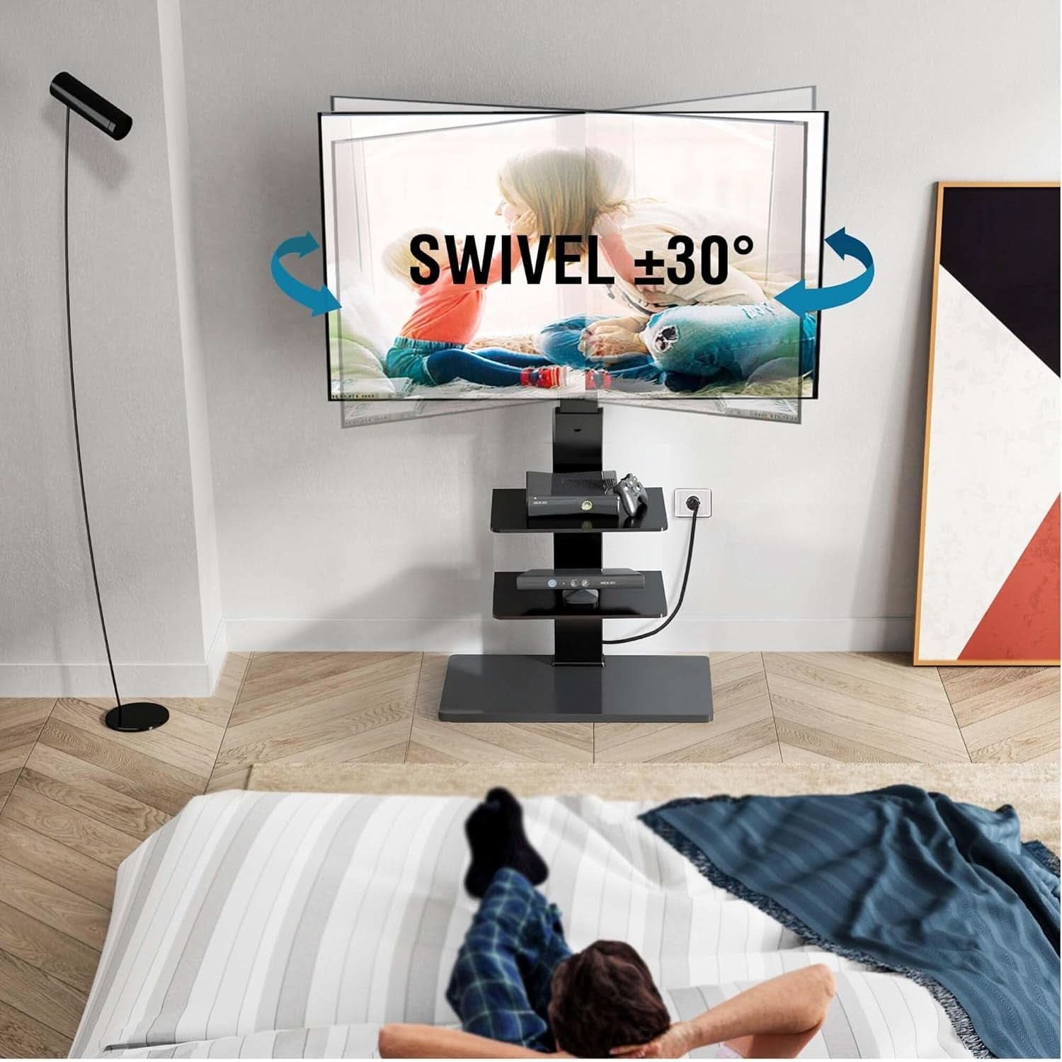 Floor TV Stand With Power Strip For 32-75 Inch TVs