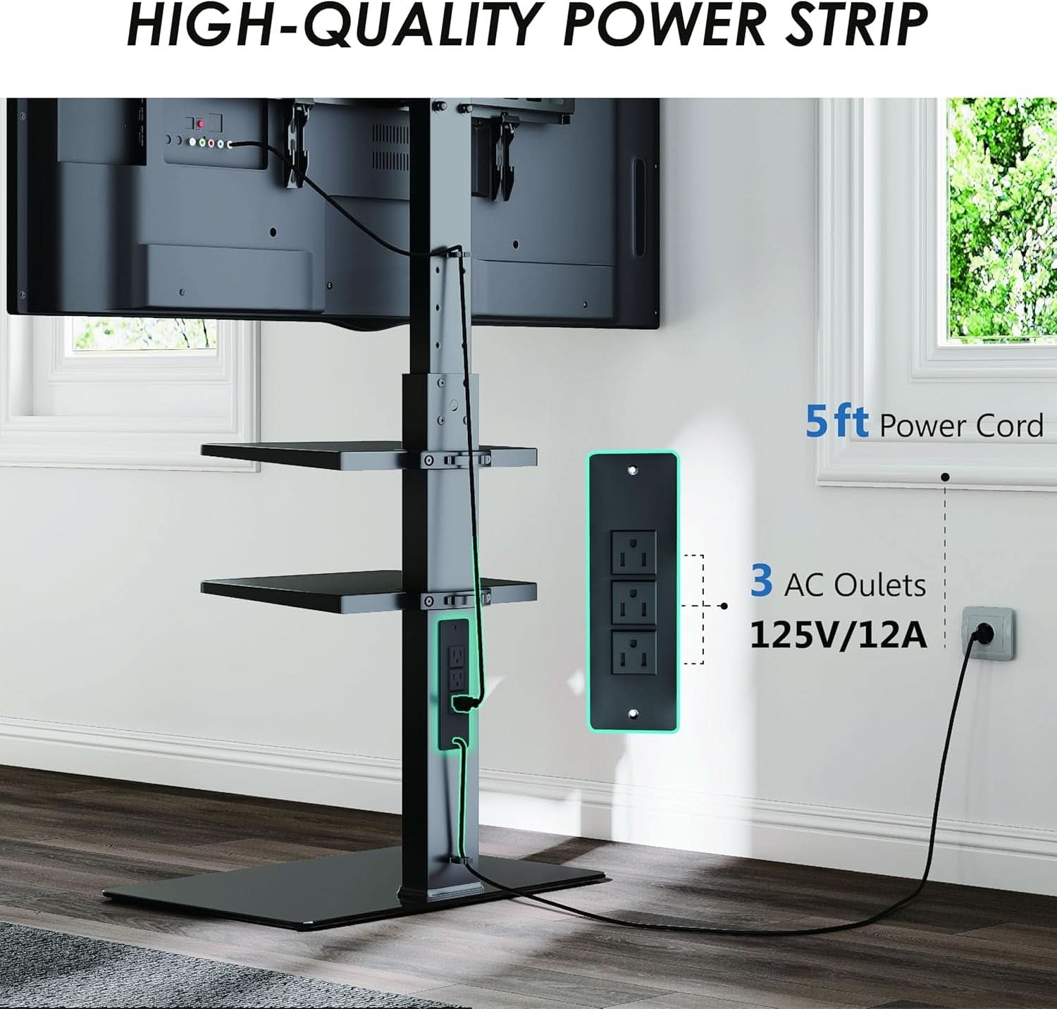 Floor TV Stand With Power Strip For 32-75 Inch TVs