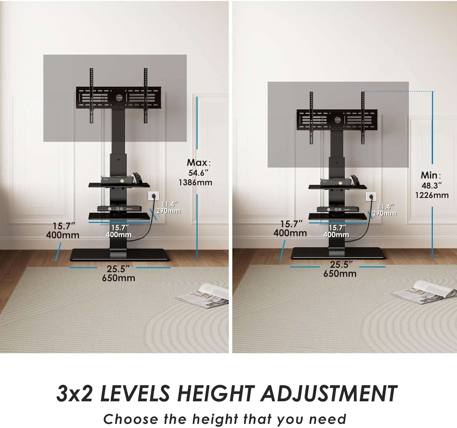 Floor TV Stand With Power Strip For 32-75 Inch TVs