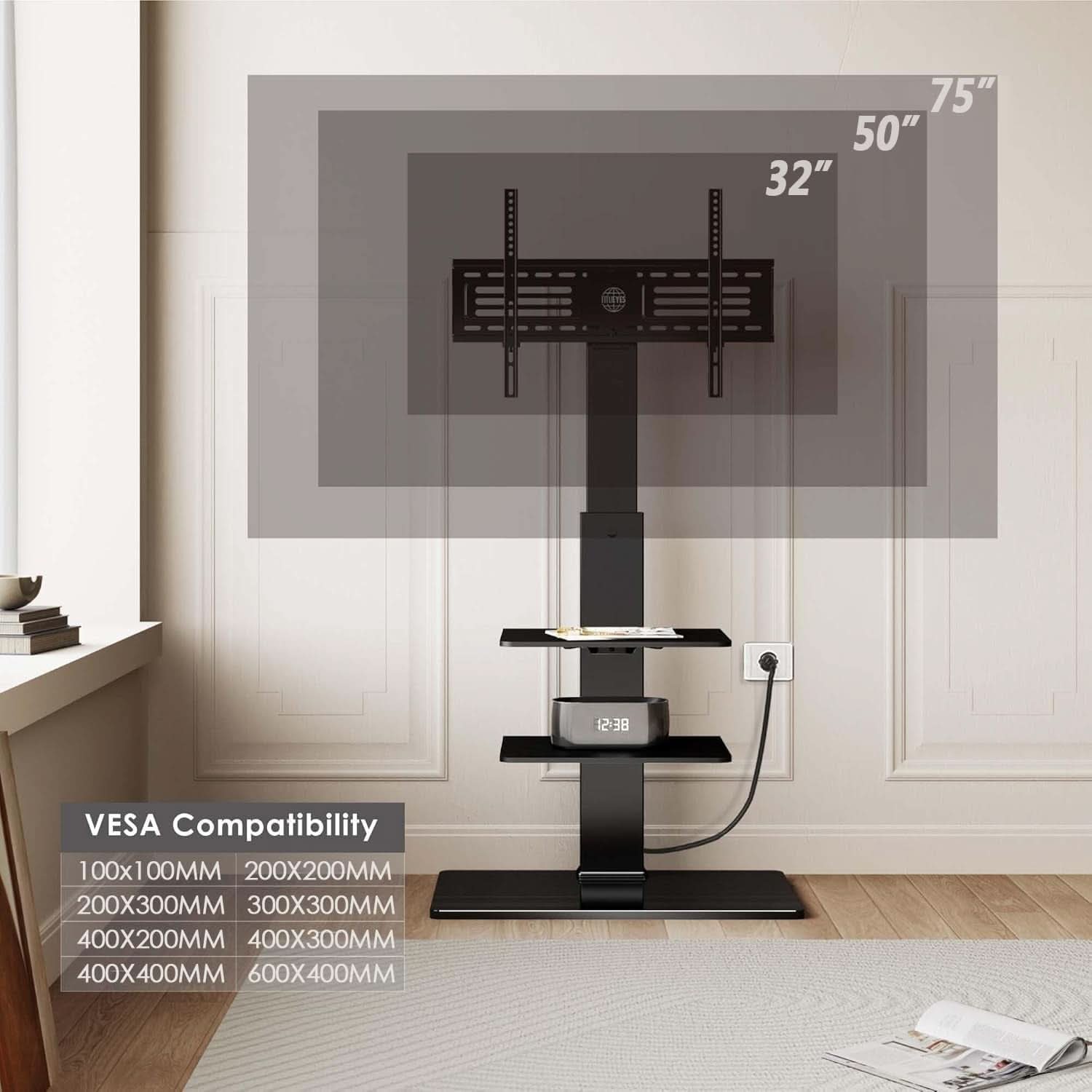 Floor TV Stand With Power Strip For 32-75 Inch TVs