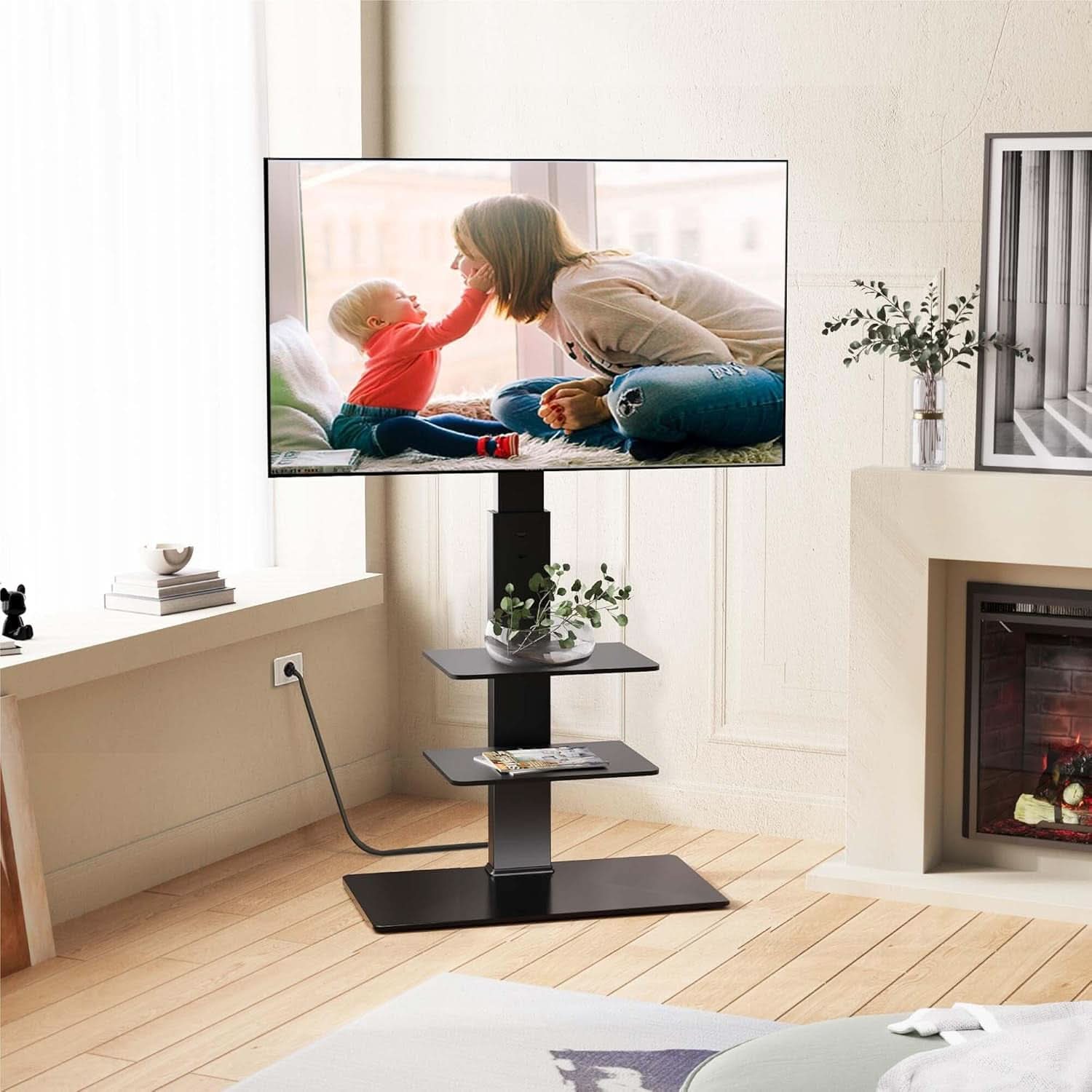 Floor TV Stand With Power Strip For 32-75 Inch TVs