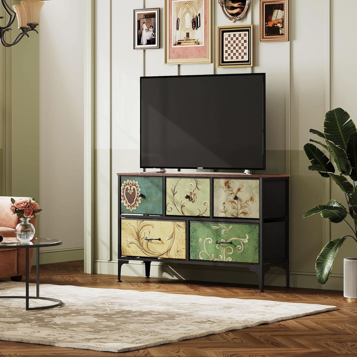 Floral Painted Dresser With 5 Drawers And Fabric Bins