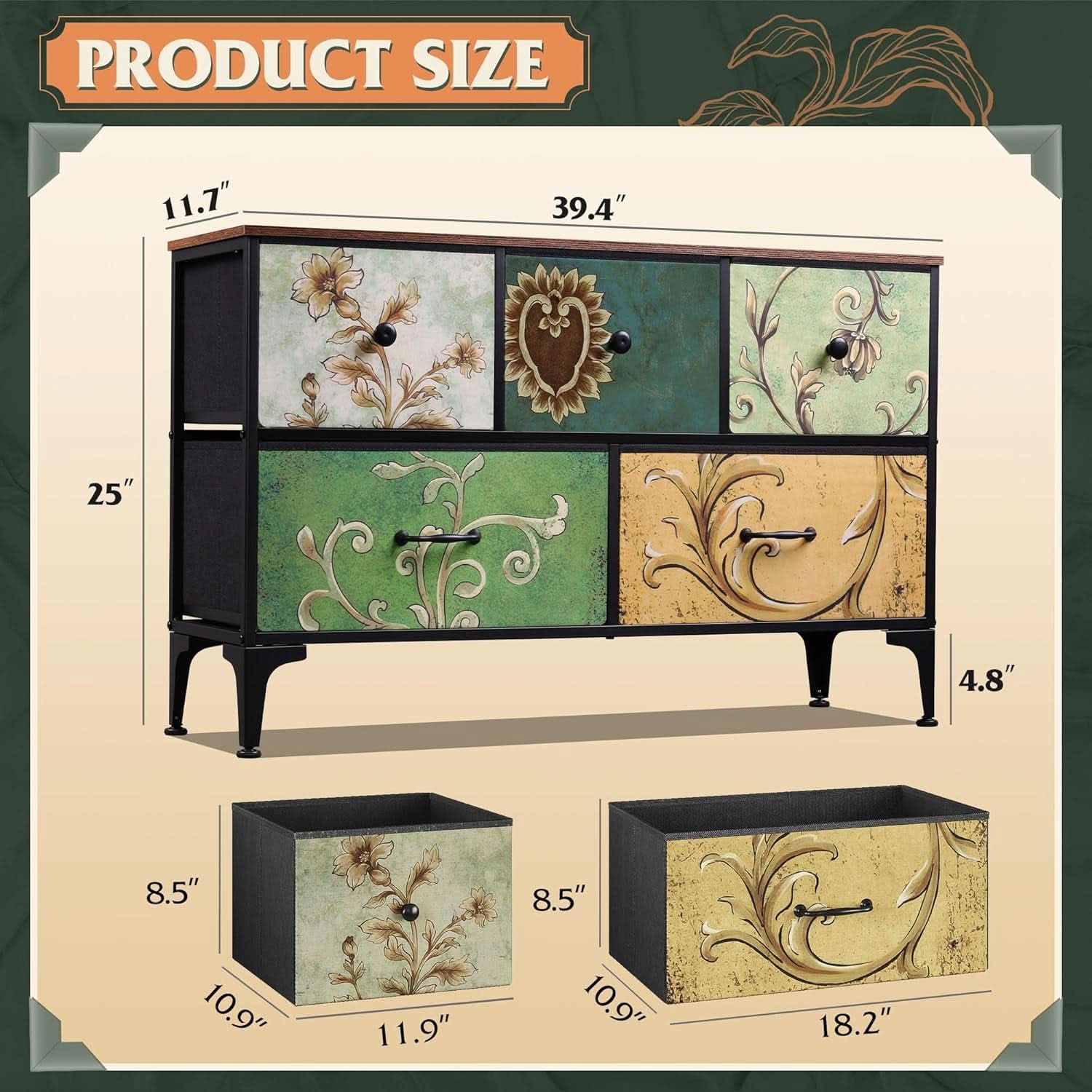 Floral Painted Dresser With 5 Drawers And Fabric Bins