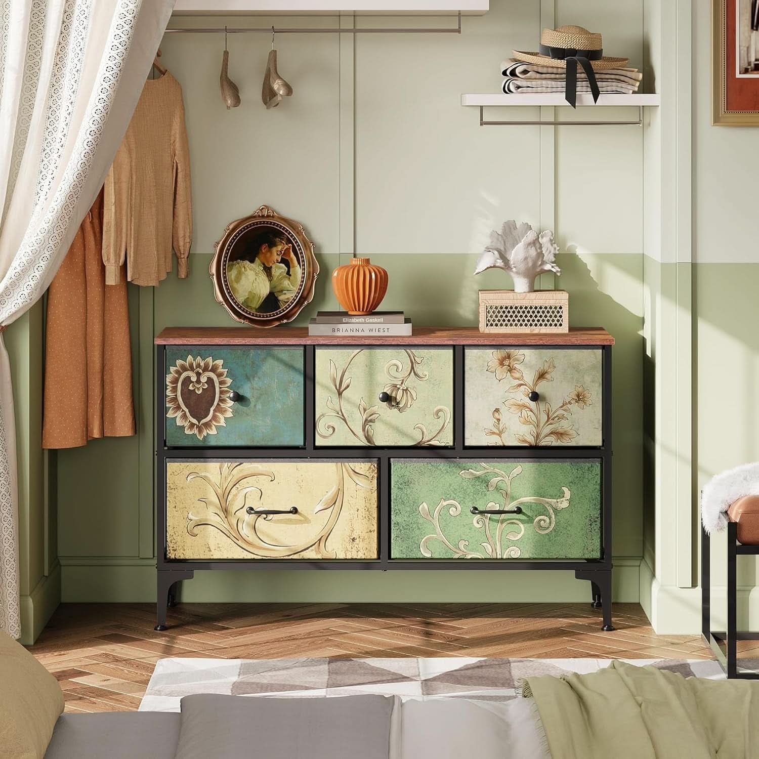 Floral Painted Dresser With 5 Drawers And Fabric Bins
