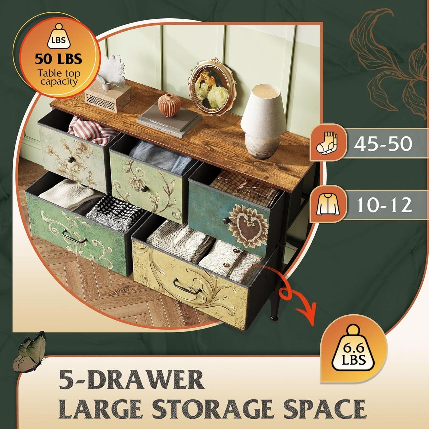 Floral Painted Dresser With 5 Drawers And Fabric Bins