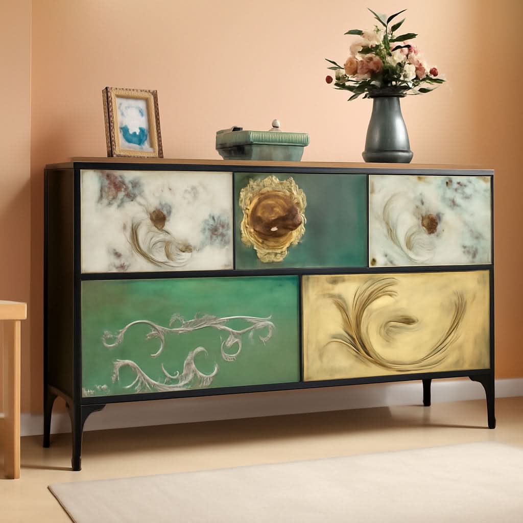 Floral Painted Dresser With 5 Drawers And Fabric Bins