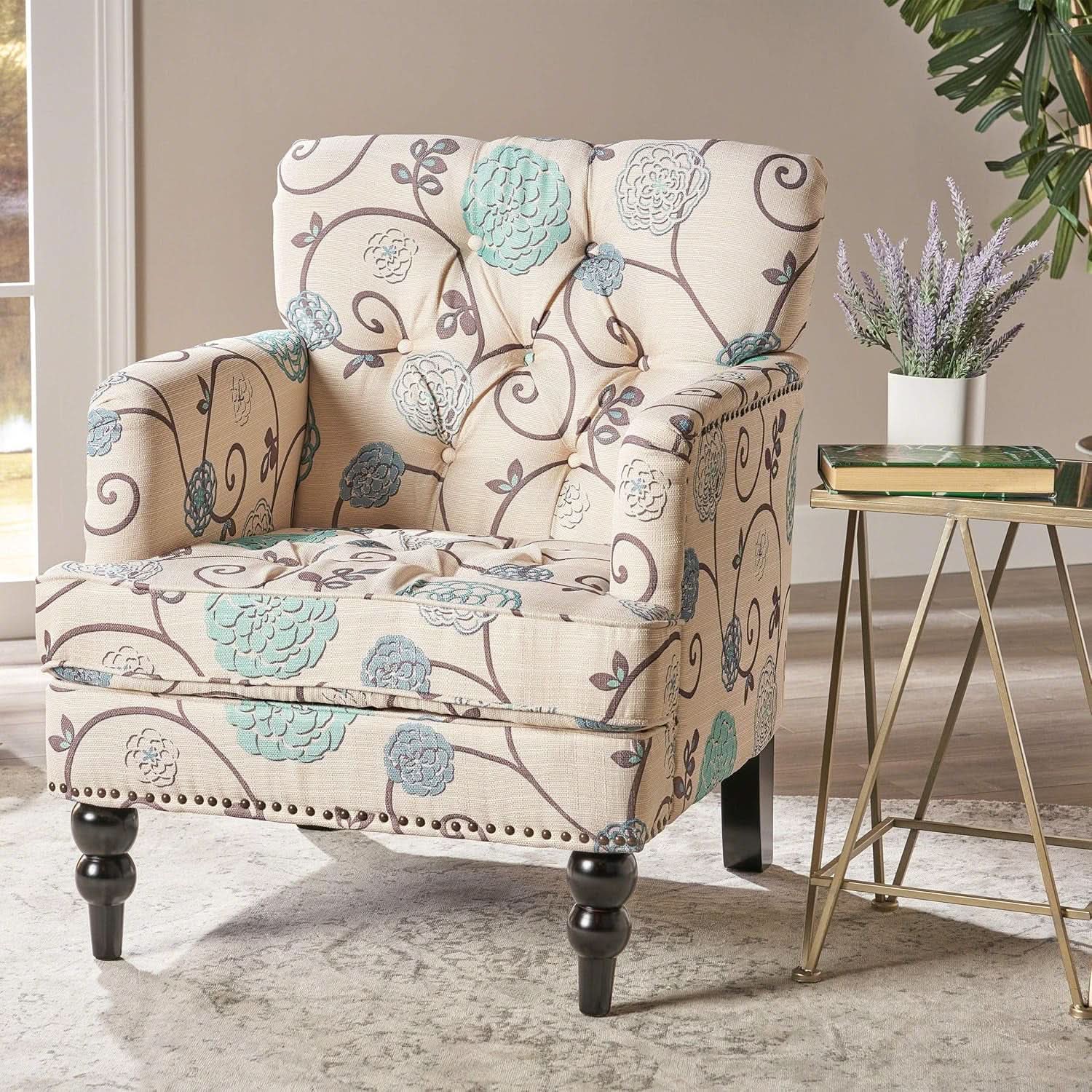 Floral Tufted Club Chair In White And Blue Polyester