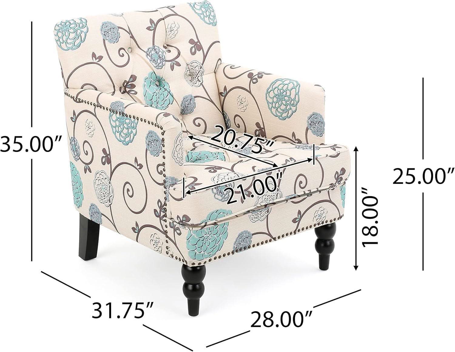 Floral Tufted Club Chair In White And Blue Polyester