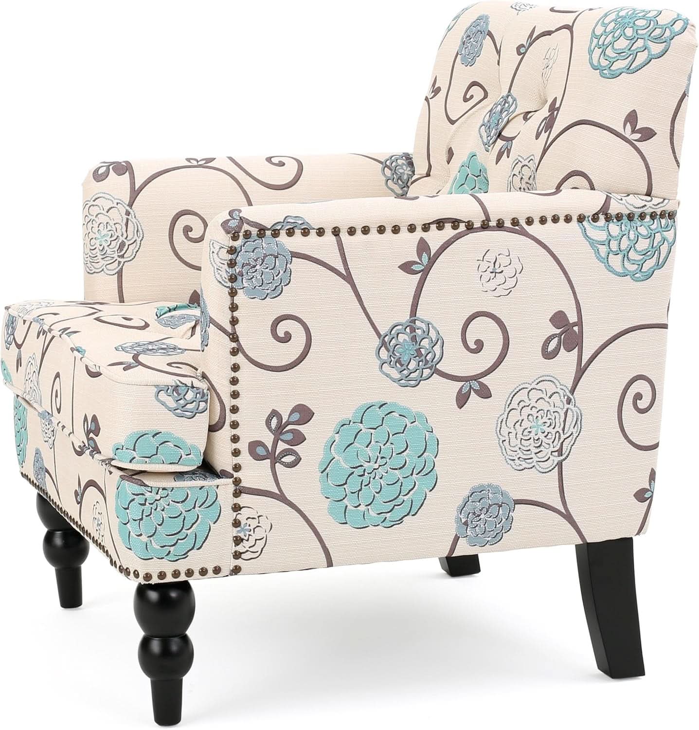 Floral Tufted Club Chair In White And Blue Polyester