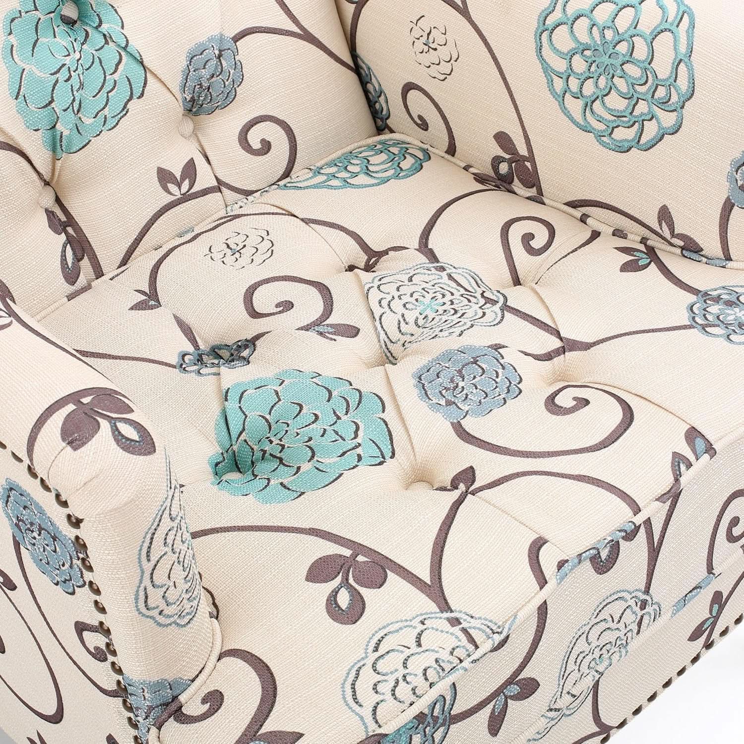 Floral Tufted Club Chair In White And Blue Polyester