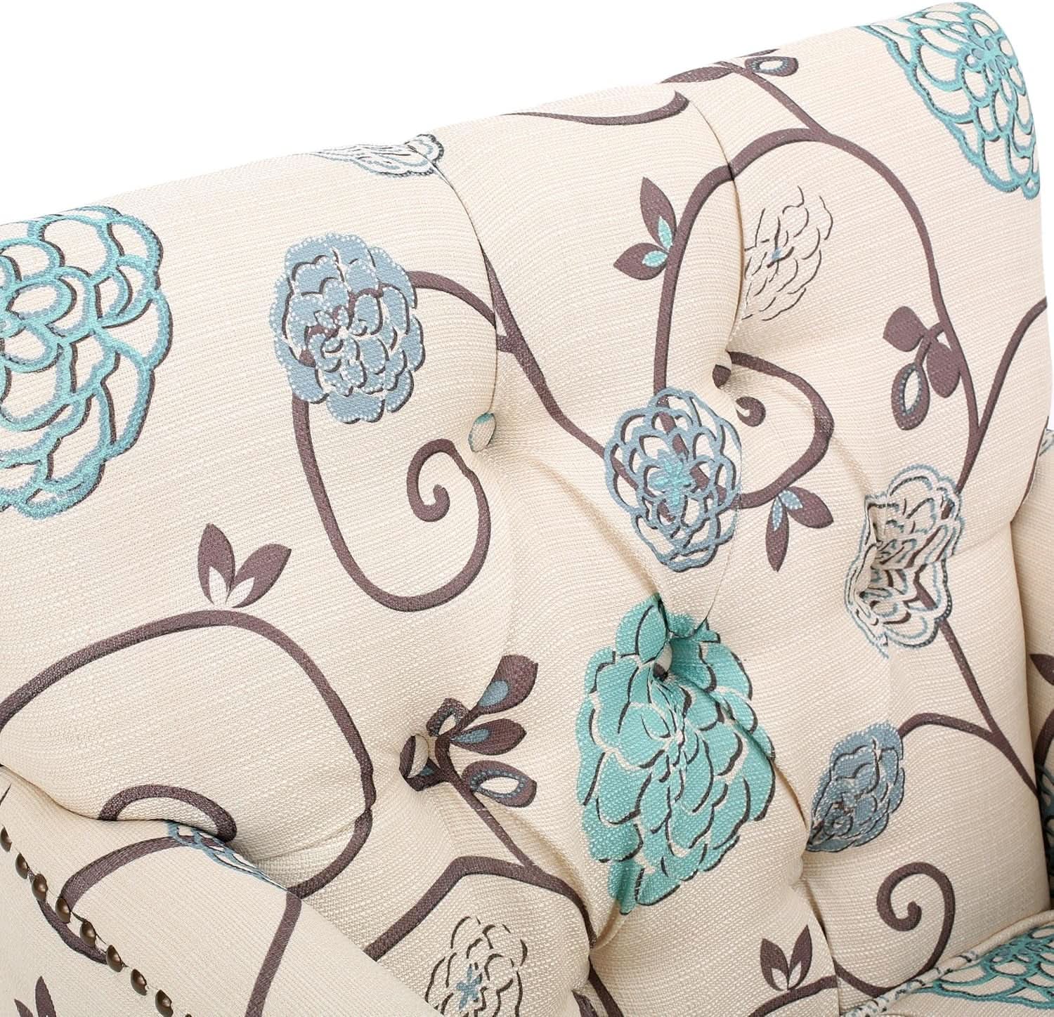 Floral Tufted Club Chair In White And Blue Polyester