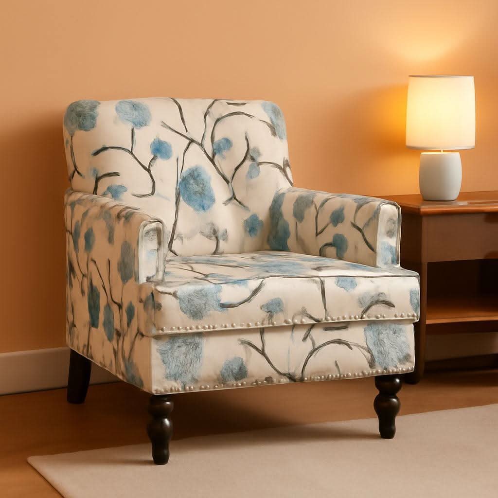 Floral Tufted Club Chair In White And Blue Polyester