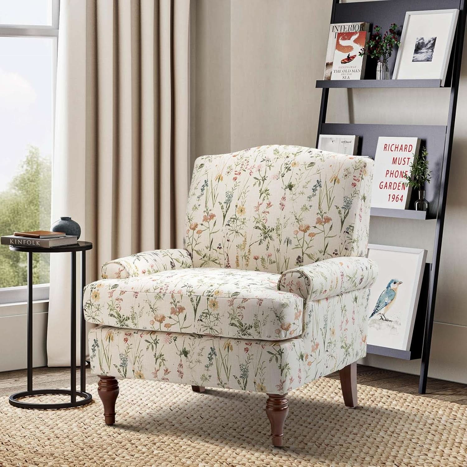 Floral Upholstered Accent Chair With Removable Cushions