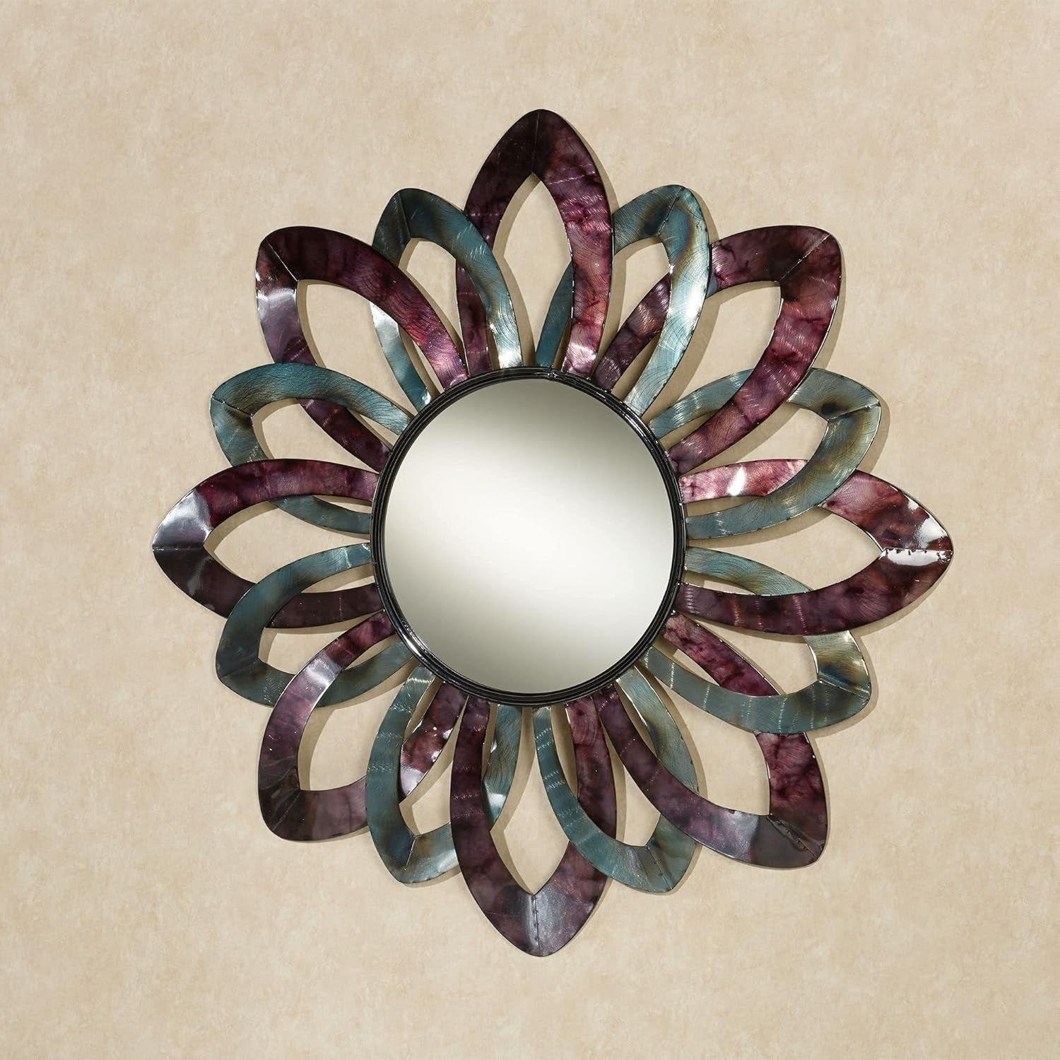 Floral Wall Mirror 13 Inch Openwork Petals Purple Aqua