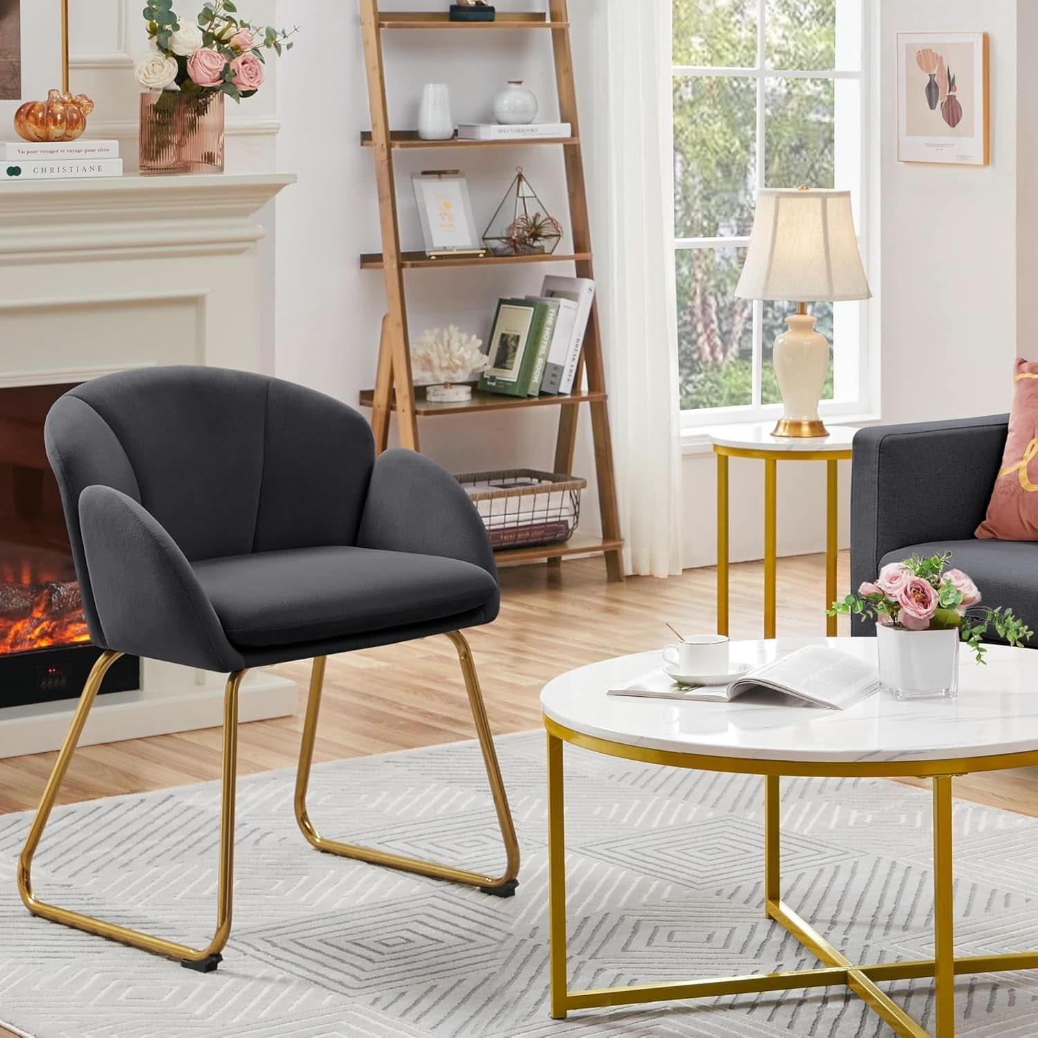 Flower Shape Velvet Armchair With Golden Legs Dark Gray