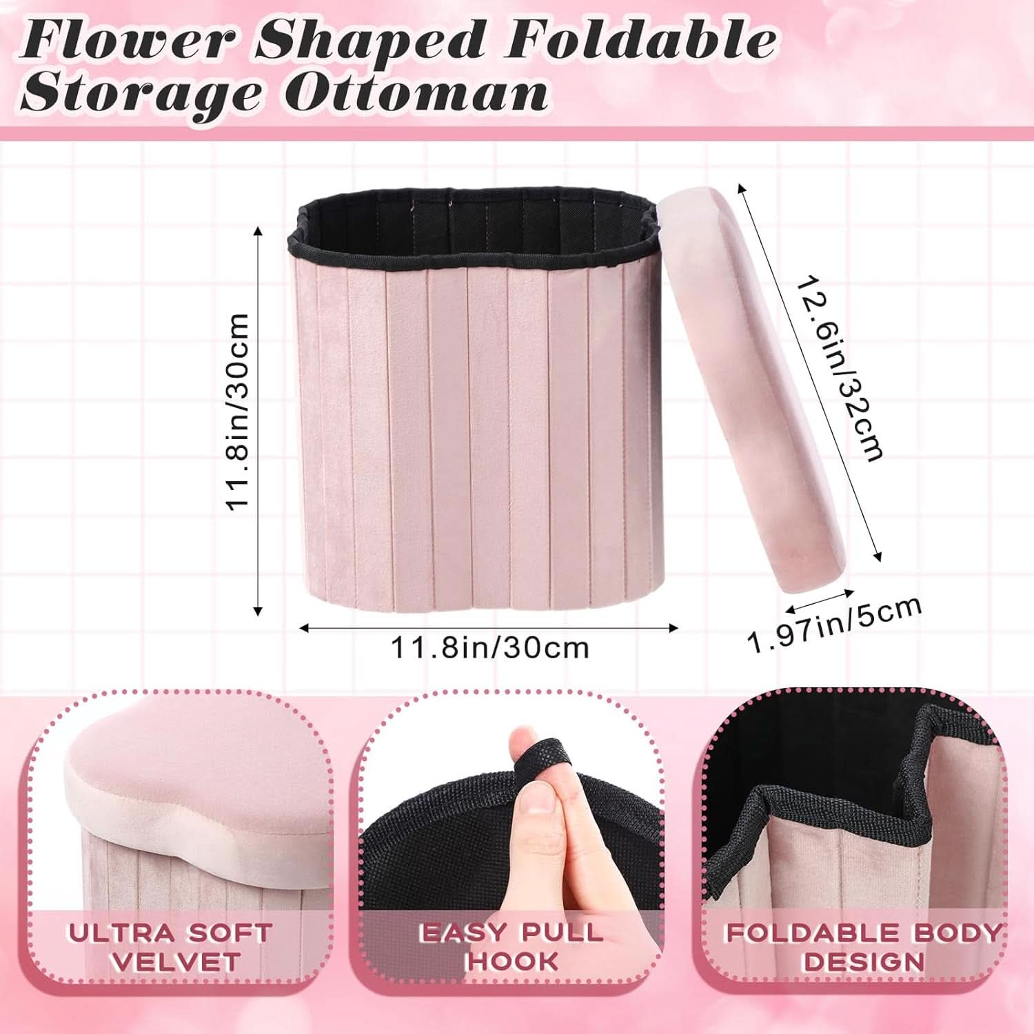Flower Shaped Velvet Foldable Storage Ottoman Pink
