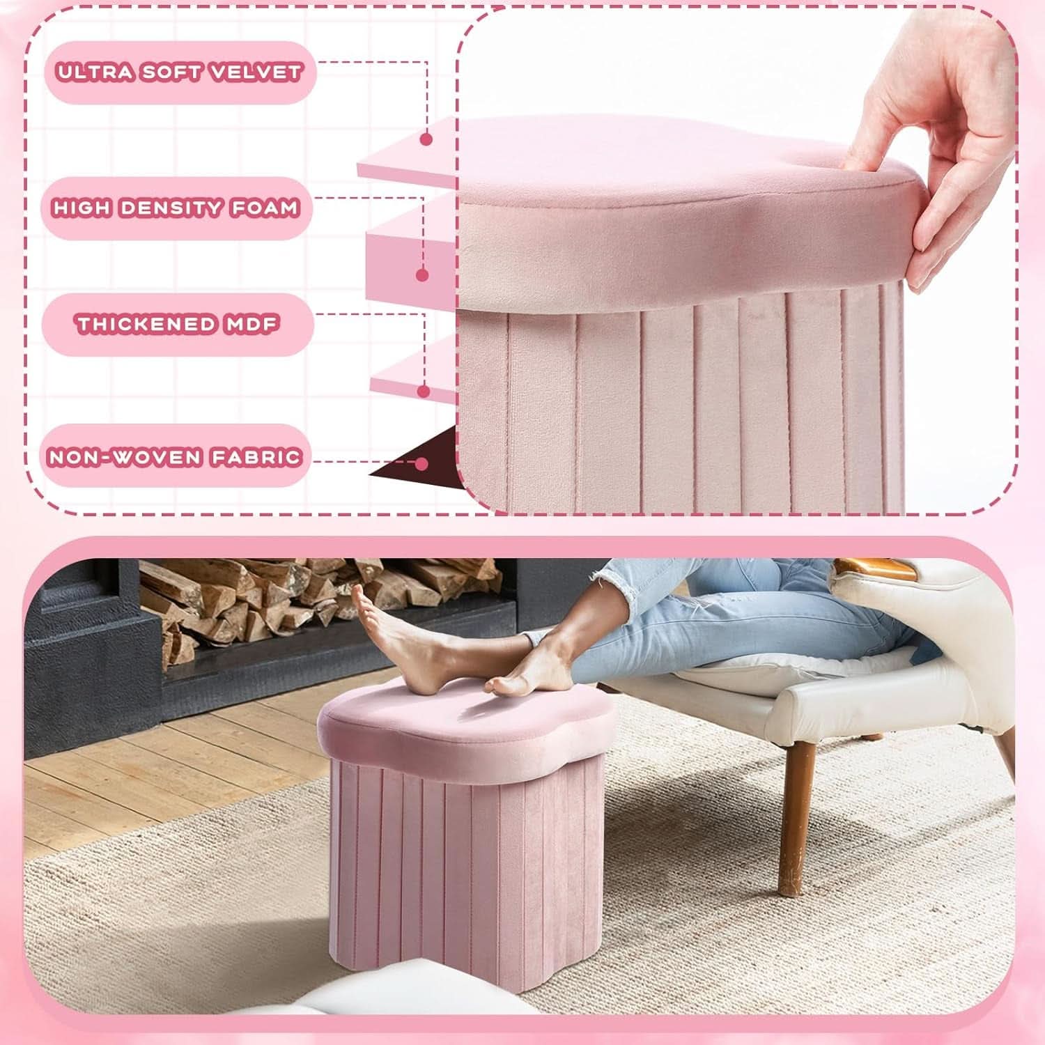 Flower Shaped Velvet Foldable Storage Ottoman Pink