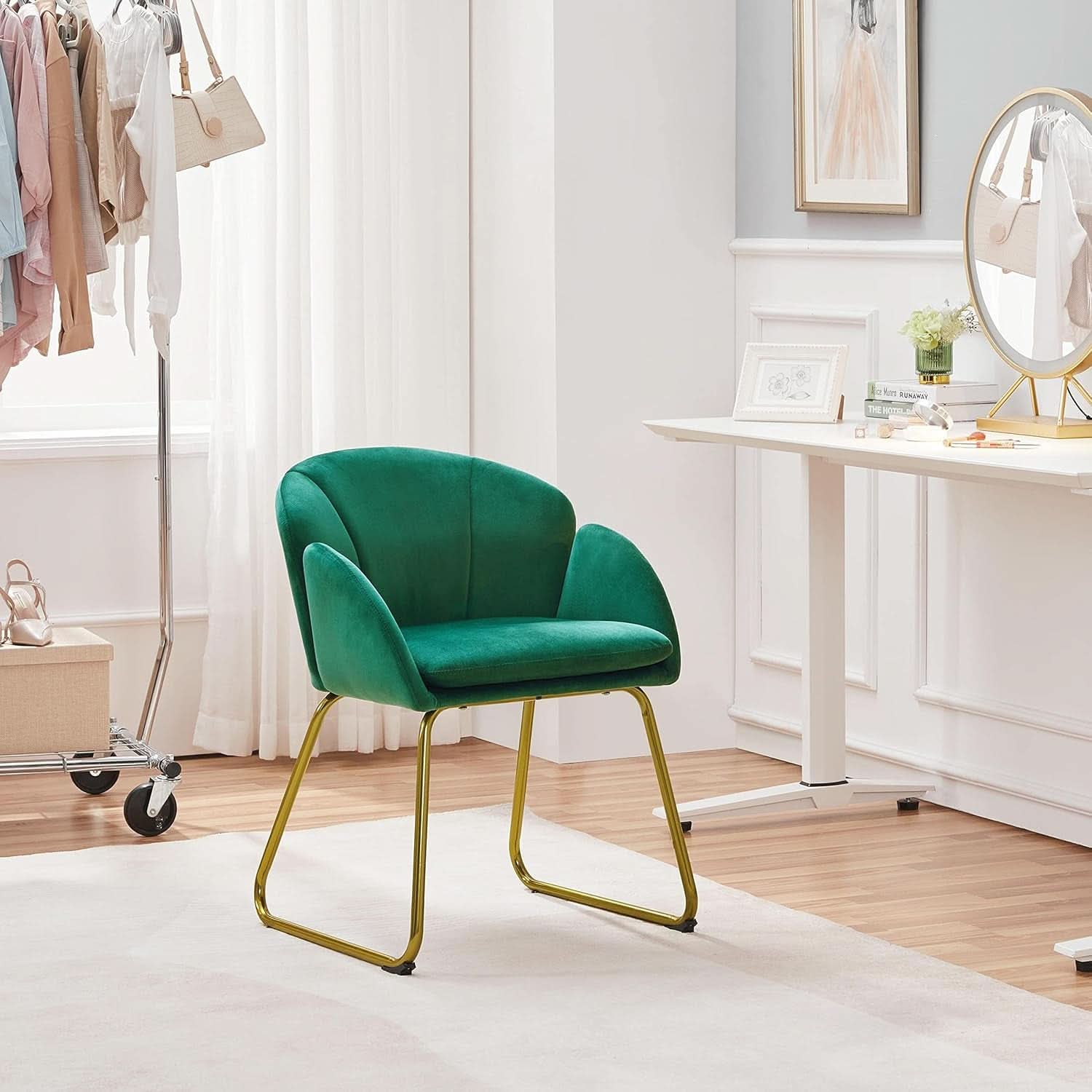 Flower Velvet Vanity Chair Green Upholstery With Gold Legs