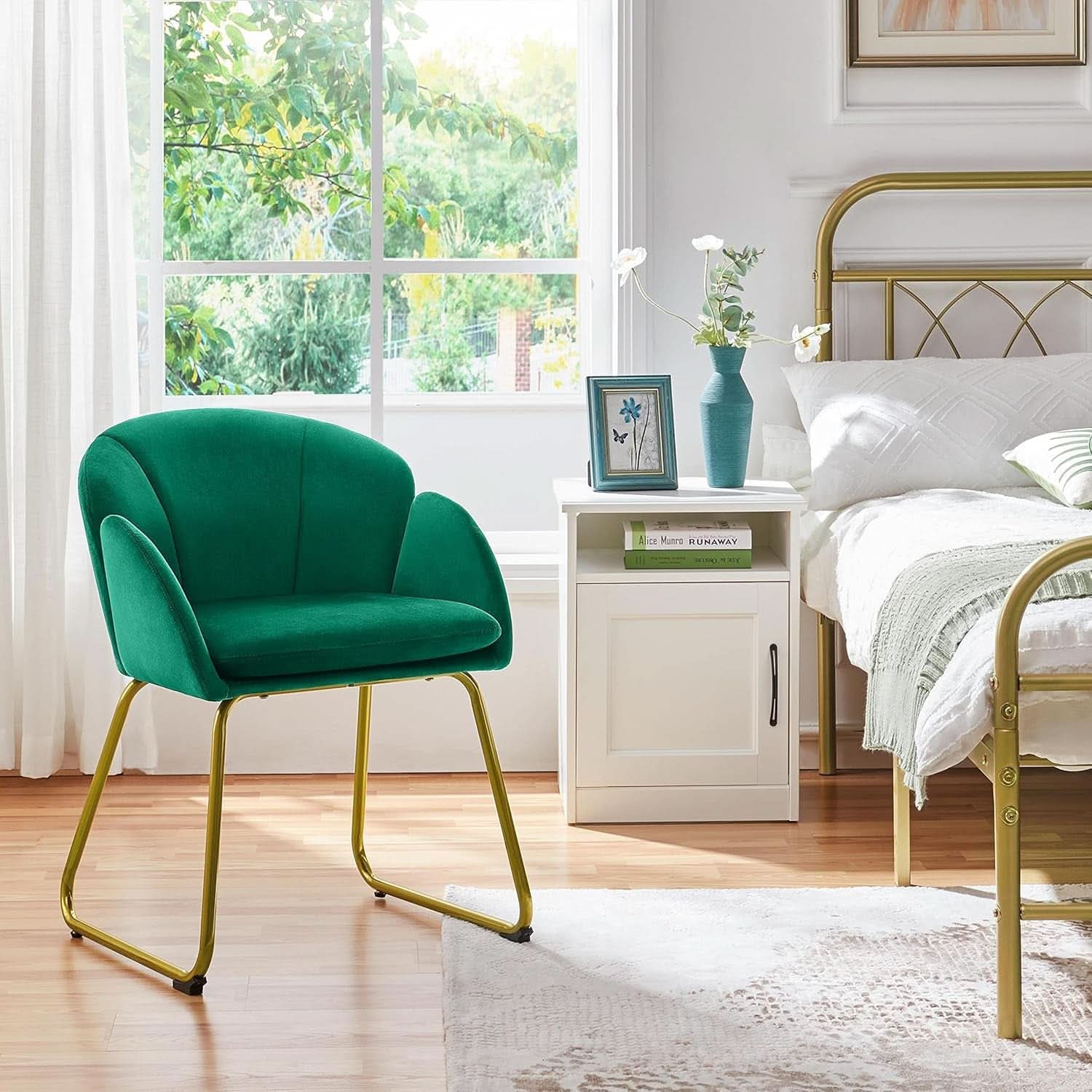 Flower Velvet Vanity Chair Green Upholstery With Gold Legs