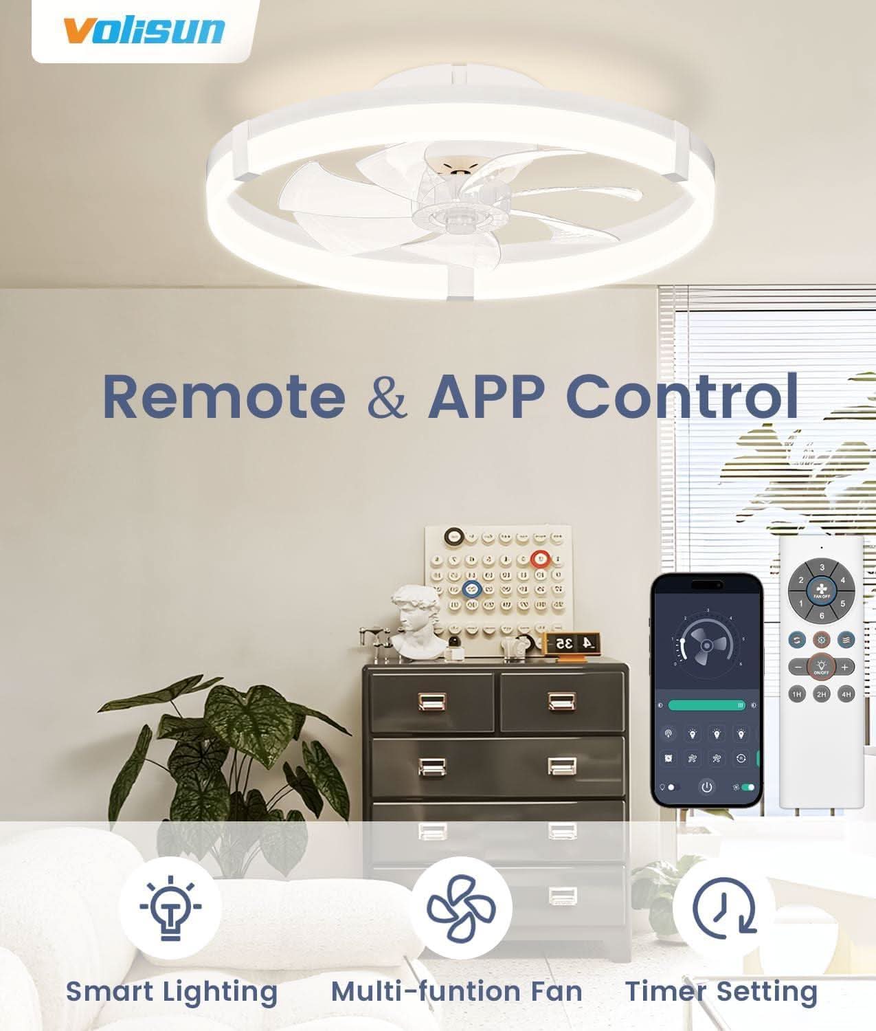 Flush Mount Ceiling Fan With Dimmable LED Lights White