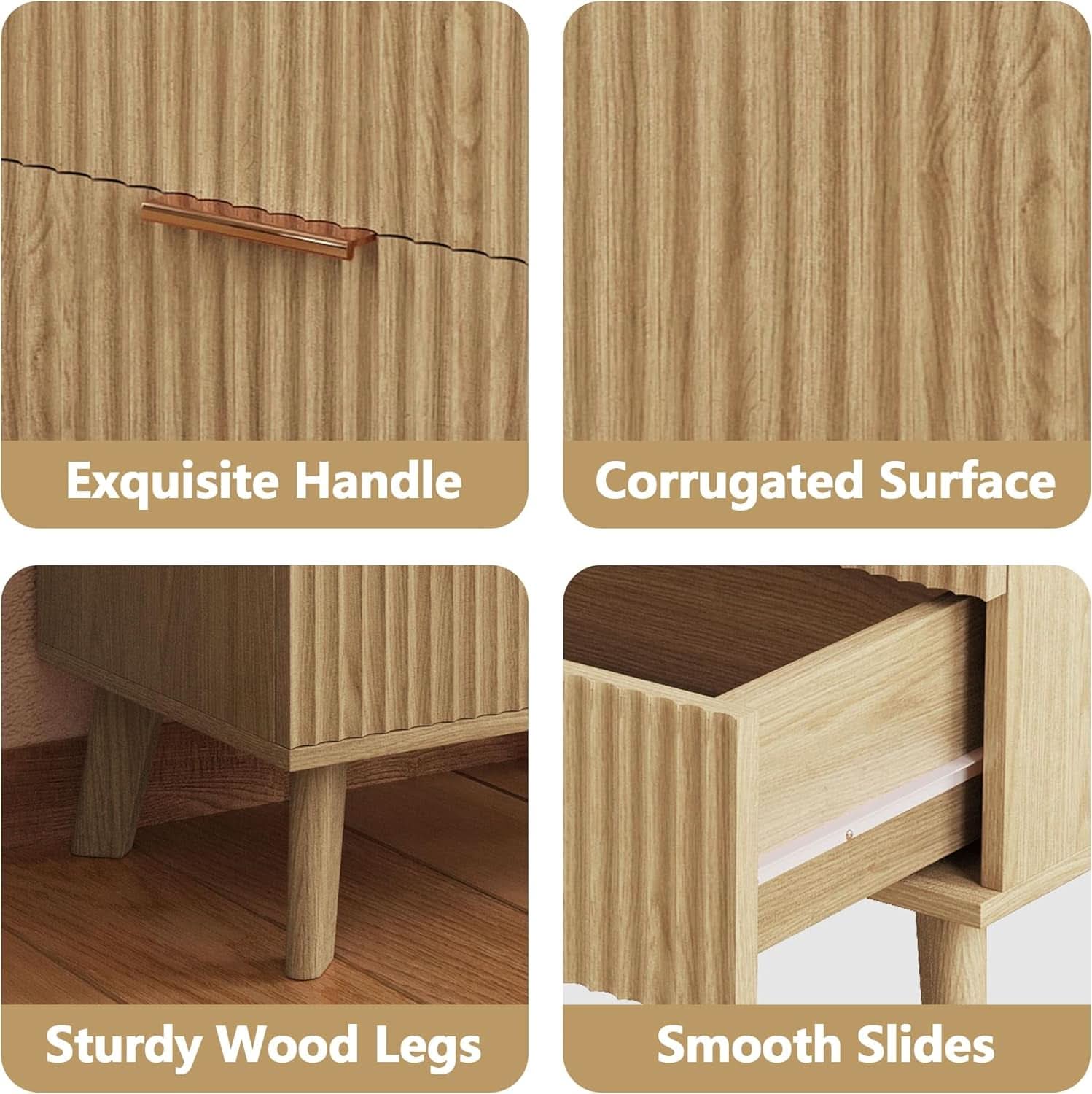 Fluted 3 Drawer Dresser Natural Wood Storage Chest