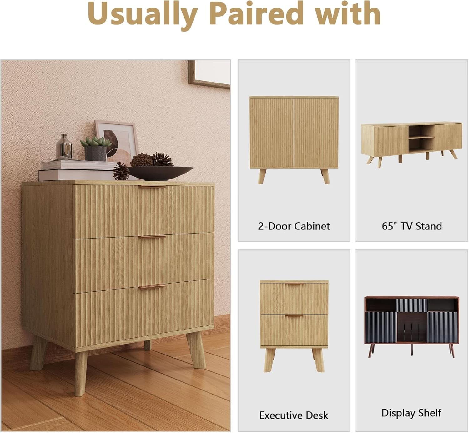 Fluted 3 Drawer Dresser Natural Wood Storage Chest