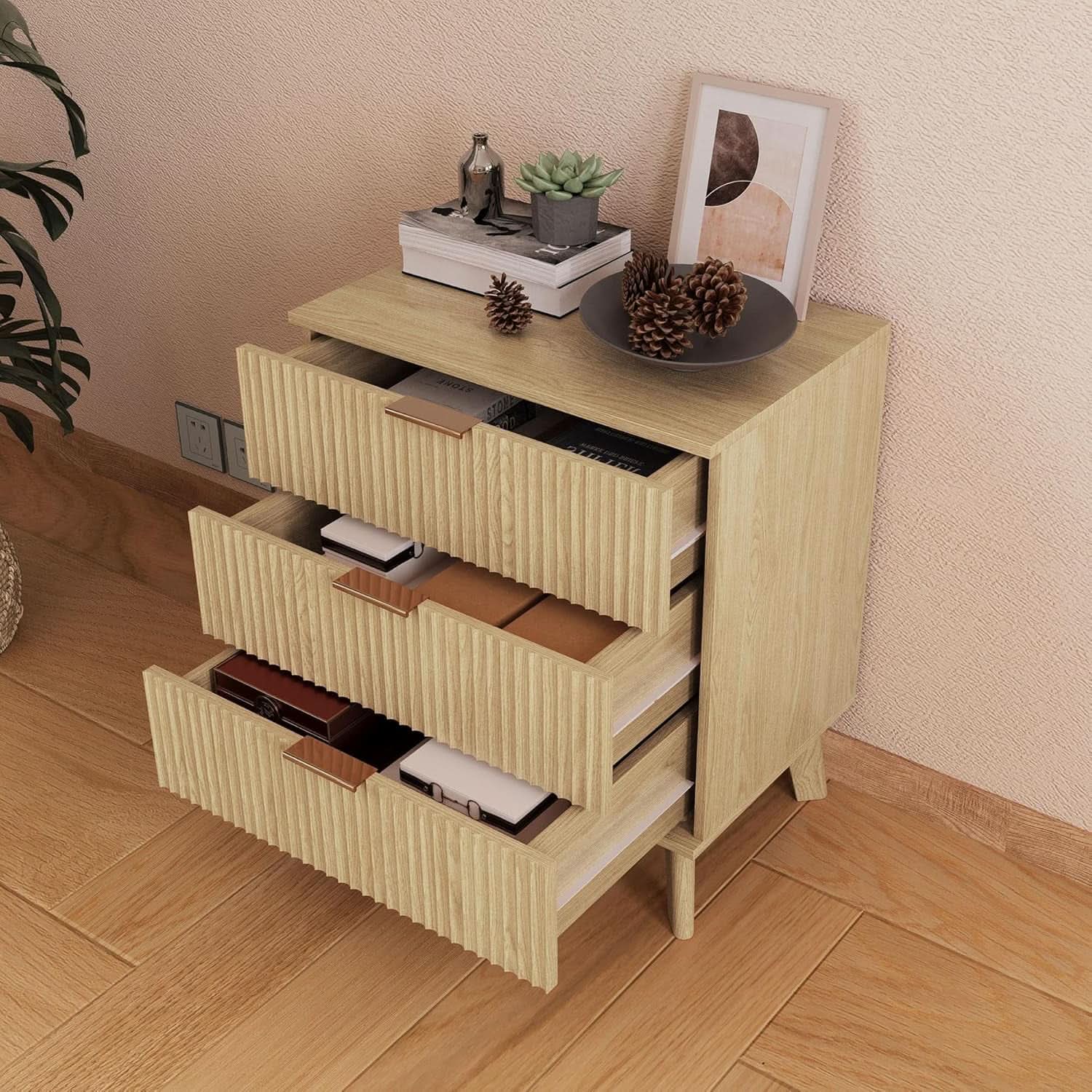 Fluted 3 Drawer Dresser Natural Wood Storage Chest