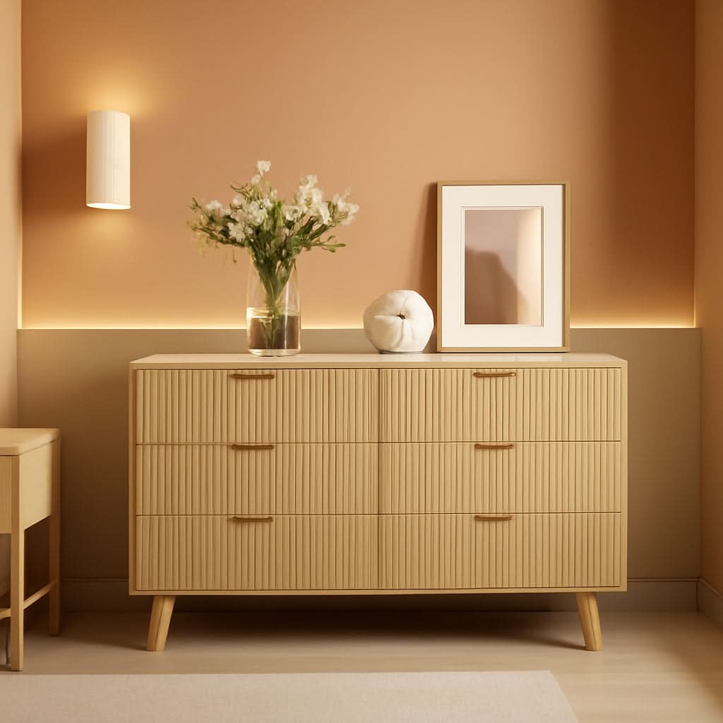 Fluted 3 Drawer Dresser Natural Wood Storage Chest