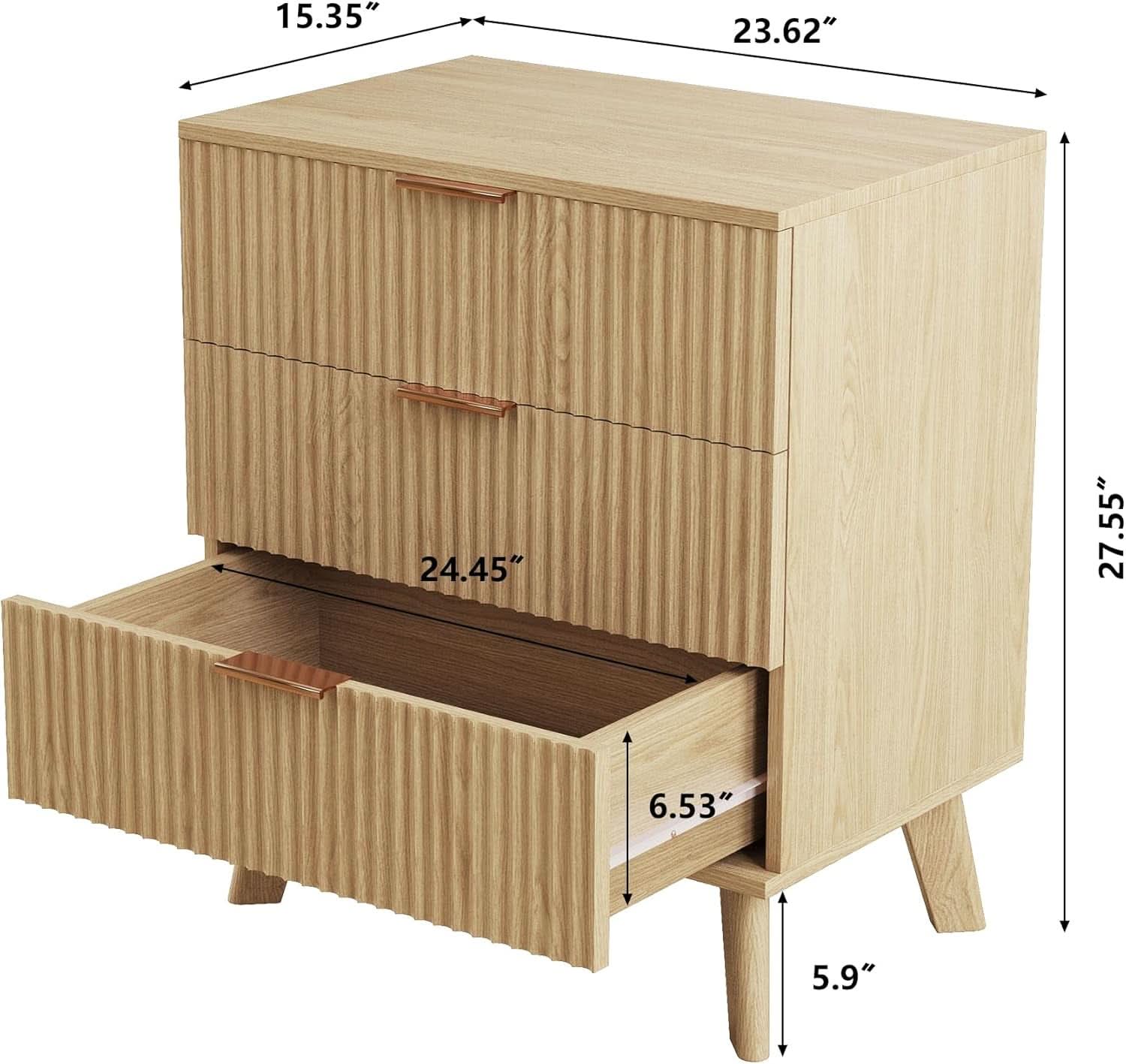Fluted 3 Drawer Dresser Natural Wood Storage For Bedroom