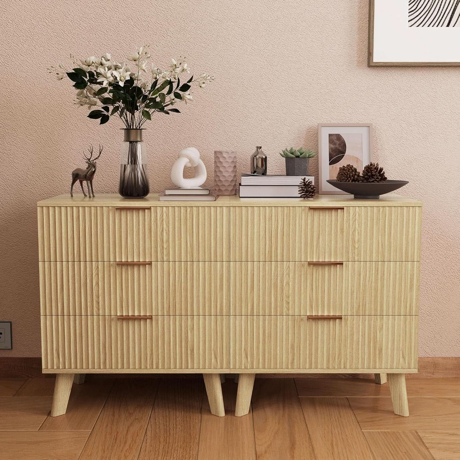 Fluted 3 Drawer Dresser Natural Wood Storage For Bedroom