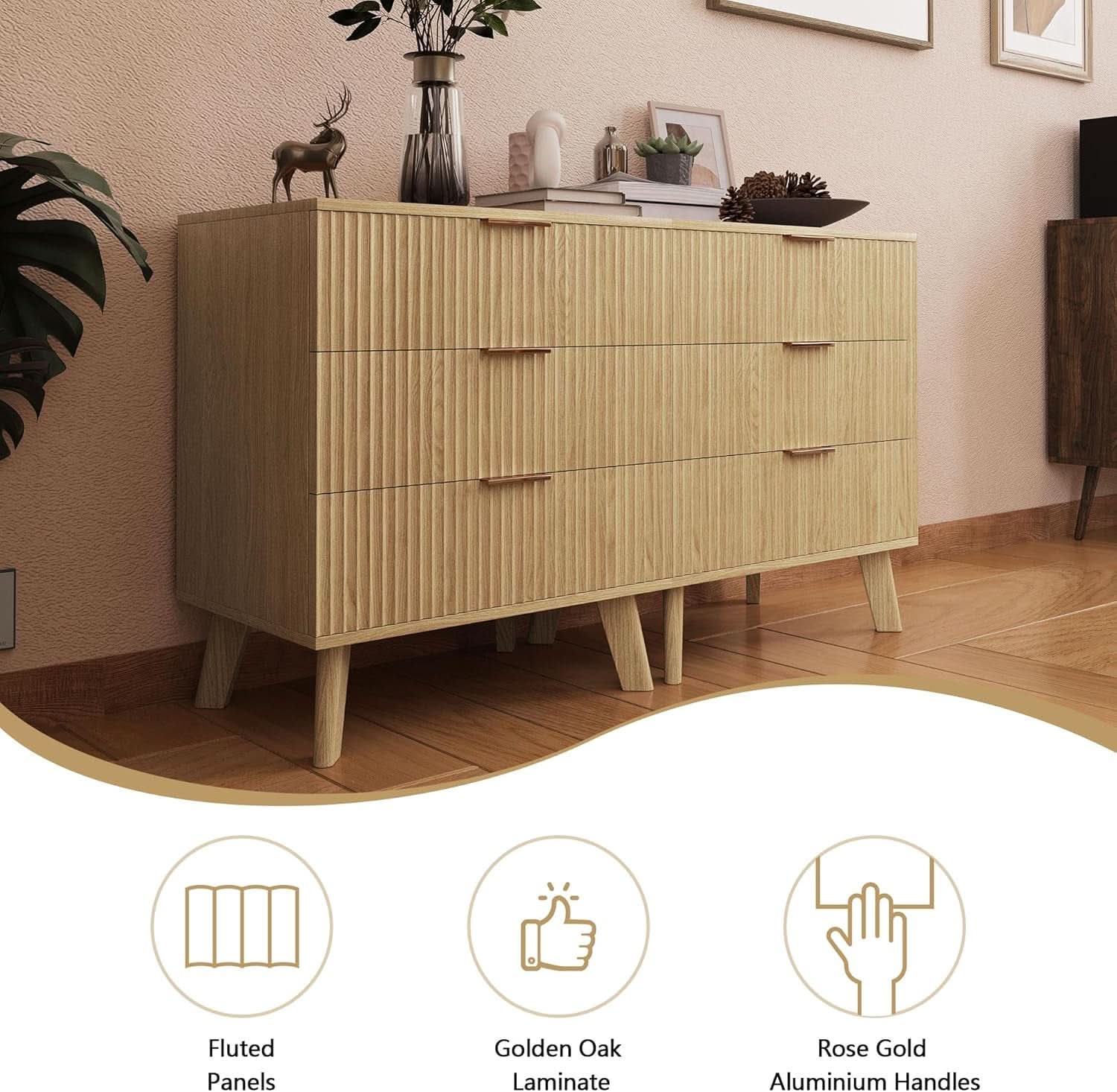 Fluted 3 Drawer Dresser Natural Wood Storage For Bedroom
