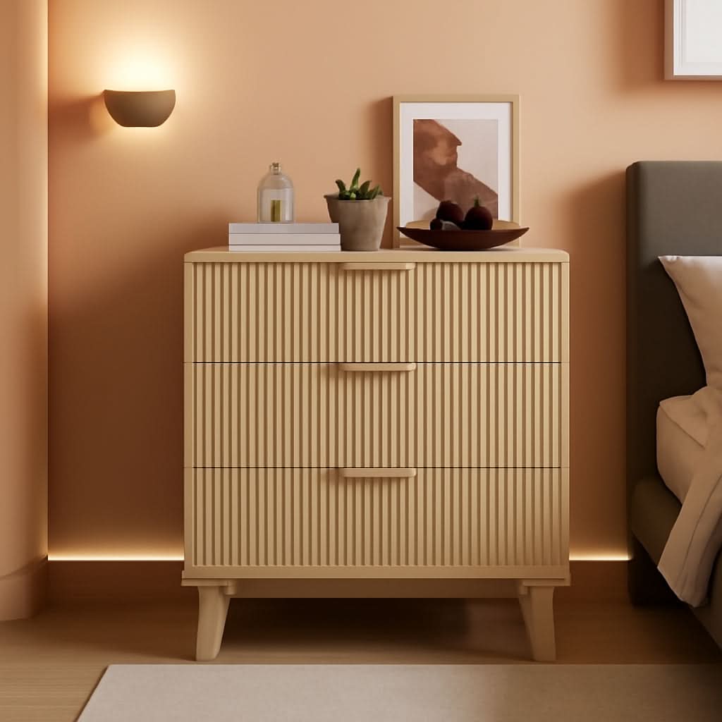 Fluted 3 Drawer Dresser Natural Wood Storage For Bedroom