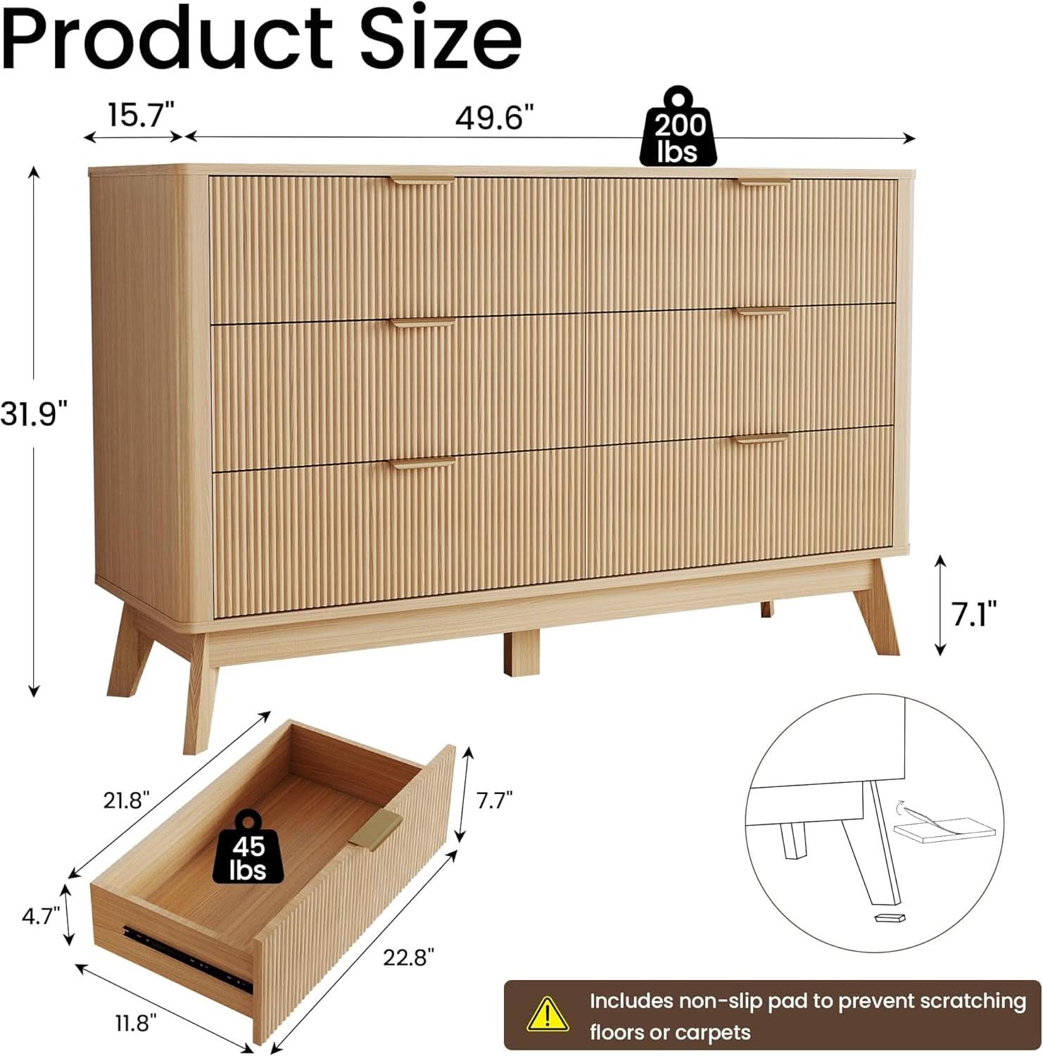 Fluted 49Inch Serpentine Dresser Oak Finish Contemporary