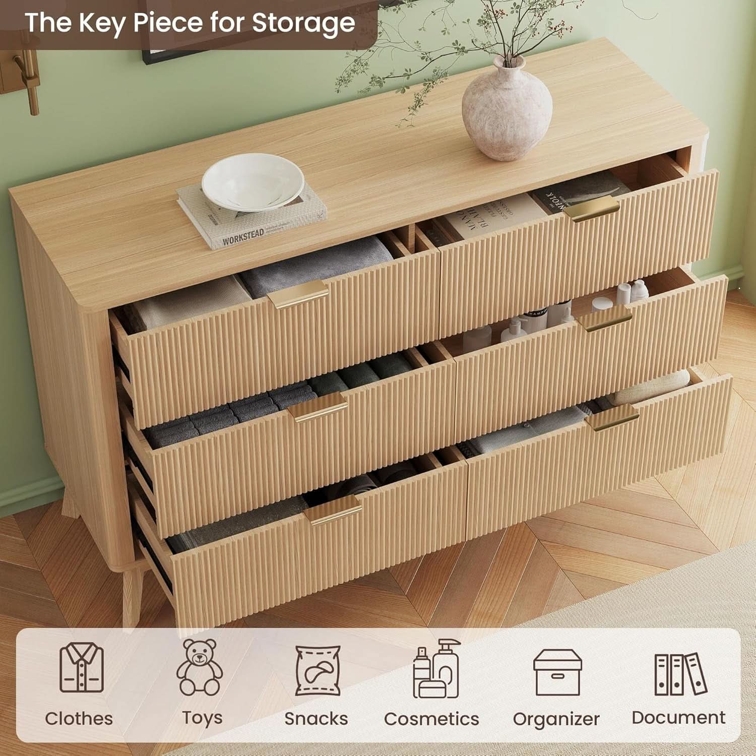 Fluted 49Inch Serpentine Dresser Oak Finish Contemporary